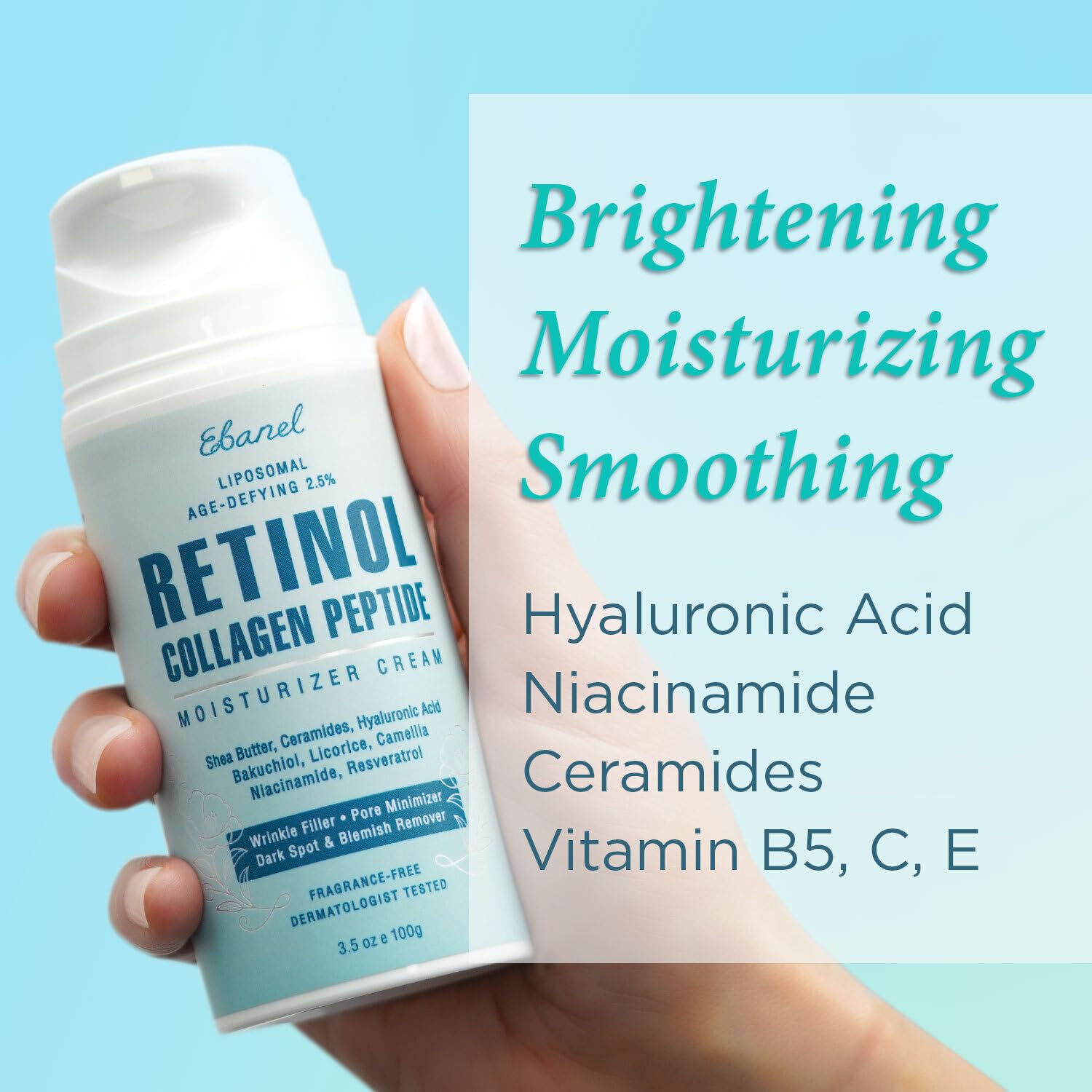 Ebanel Retinol Cream for Face with Collagen, Peptides, Niacinamide, Ceramides, Vitamin B5, Hyaluronic Acid, Bakuchiol, Anti Agin