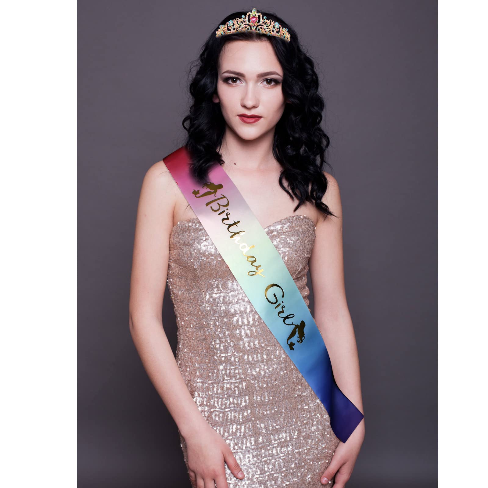 ''Birthday Girl '' Sash & Rhinestone Tiara Set Gold COCIDE Birthday Sash and Tiara for Women Birthday Decoration Kit Rhinestone