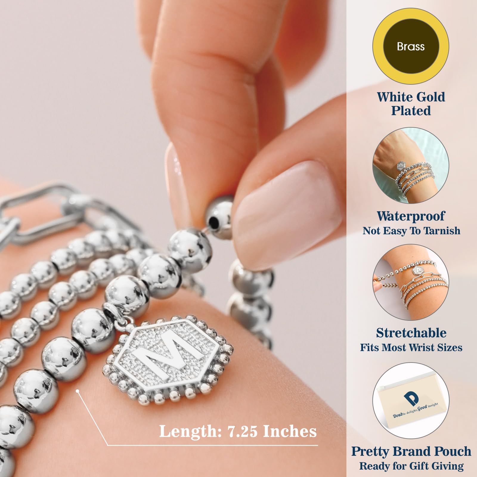 doubgood Silver Bracelets for Women, Stackable Initial Beaded Bracelet with Letter Pendant G Stretch Trendy Stack Jewelry Set fo