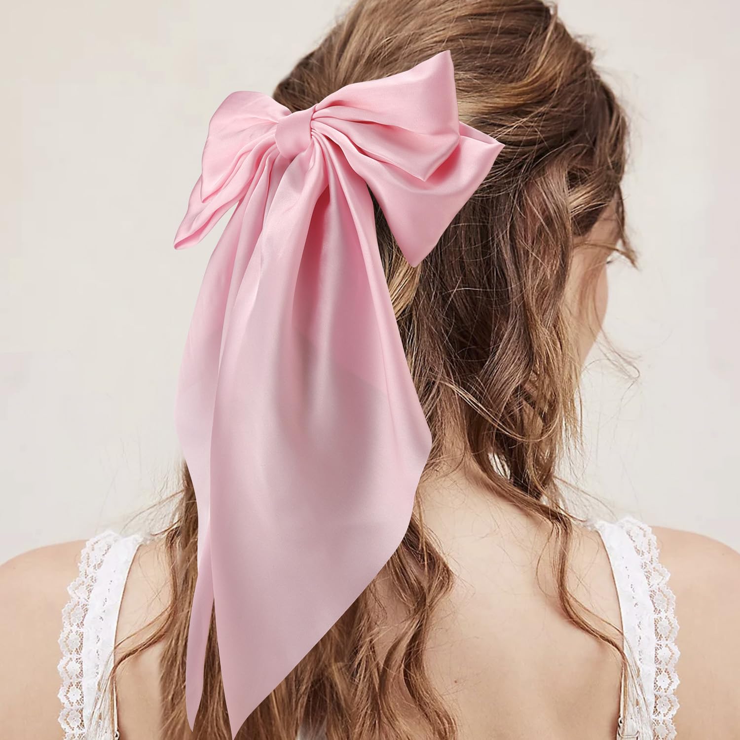 Atoden Silky Satin Hair Bows Pink Beige 2Pcs Big Hair Bows Hair Ribbons Oversized Long Tail Bow Hair Clips Large Hair Ribbon Bar