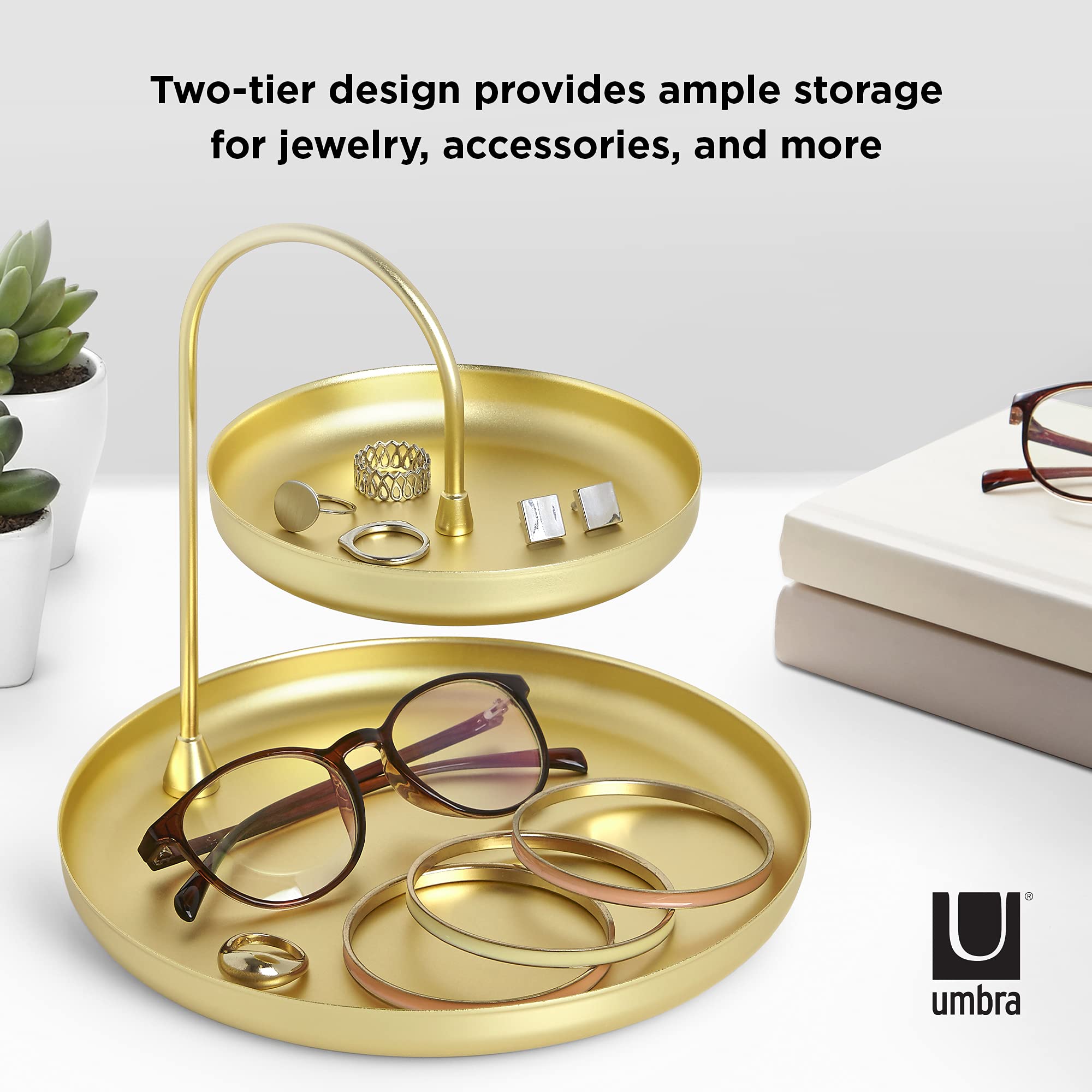 Umbra Poise Large, Double Jewelry Tray, Attractive Jewelry Storage You Can Leave Out, Two-Tiered, Matte Brass Finish