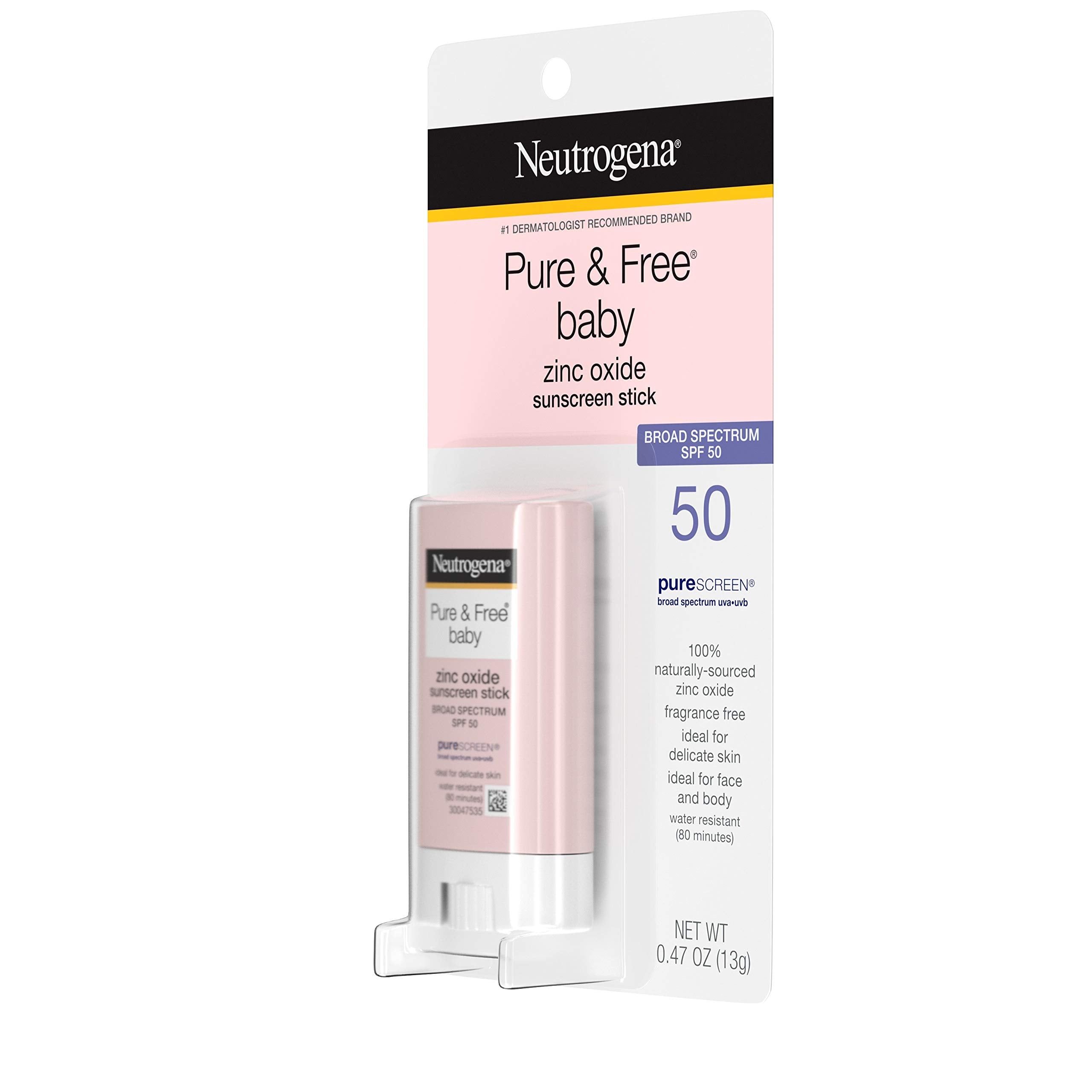 Neutrogena Pure & Free Baby Mineral Sunscreen Stick With Broad Spectrum Spf 50 & Zinc Oxide, Water-Resistant, Hypoallergenic, Pa