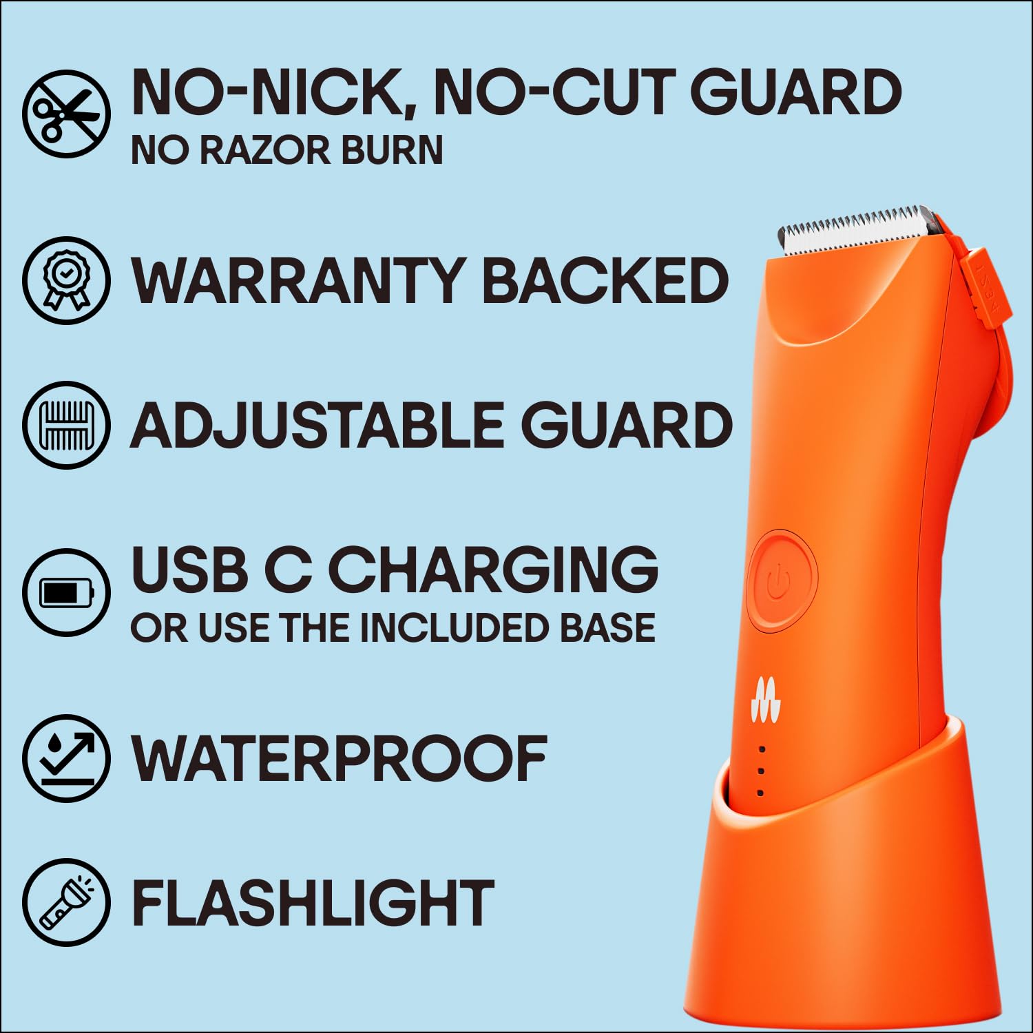 MERIDIAN Trimmer Plus Body Hair Manscaping Trimmer, Adjustable Guard, USB C Charging, Flash Light, Travel Lock, Charging Dock, B