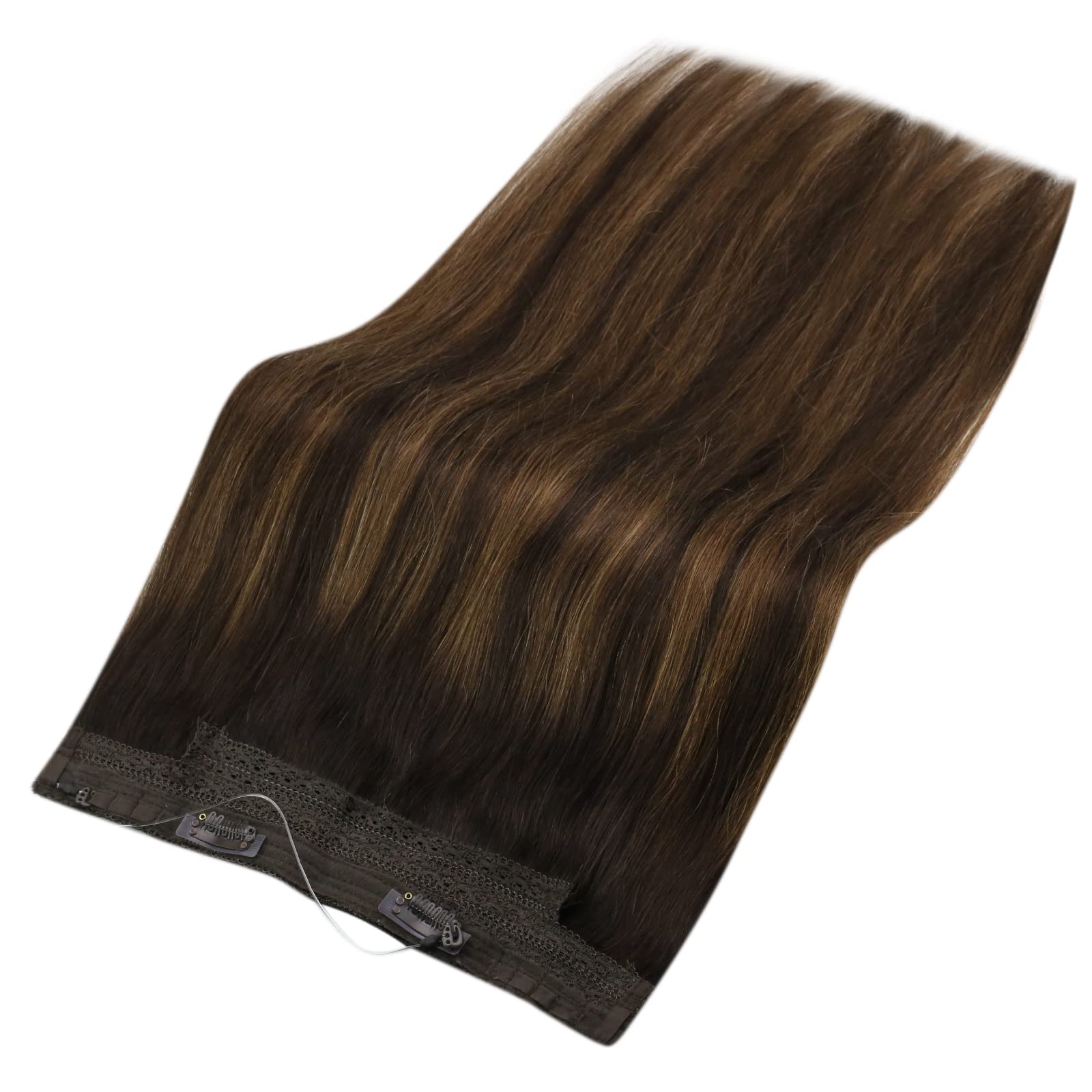 Sunny Wire Hair Extensions Real Human Hair Brown Ombre Fishing Wire Human Hair Extensions Darkest Brown to Medium Brown Balayage