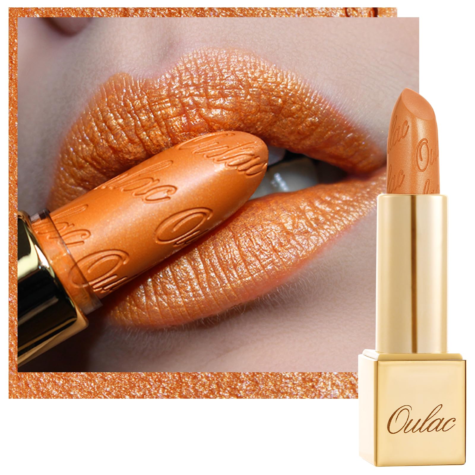 Oulac Orange Lipstick for Women with Metallic 3D Shine Lightweight Hydrating Formula, High Impact Lip Color, Vegan Beauty, Full 