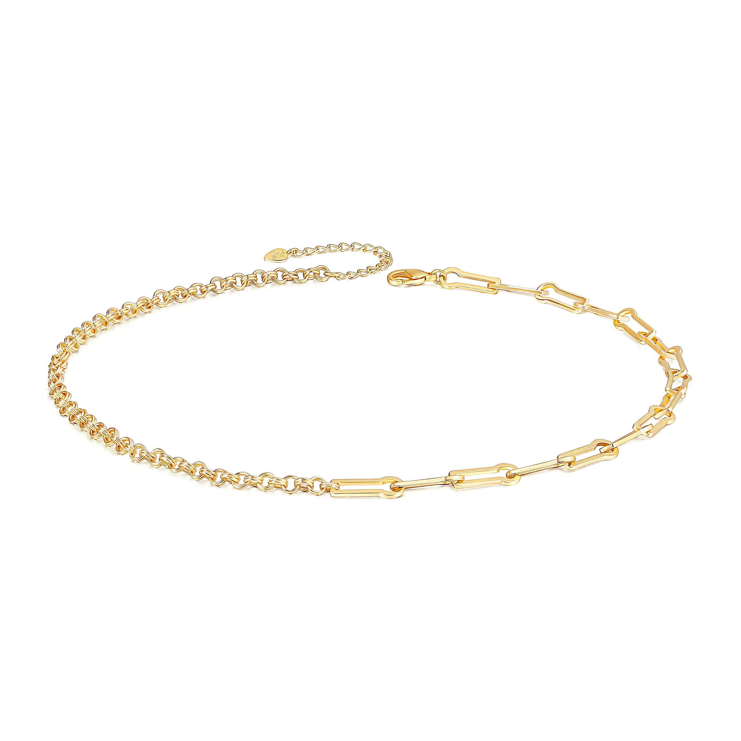 Aobei Pearl 18K Gold Asymmetric Chain Choker Necklace for Women Vintage Splicing Paperclip Rolo Link Jewelry Handmade for Women 