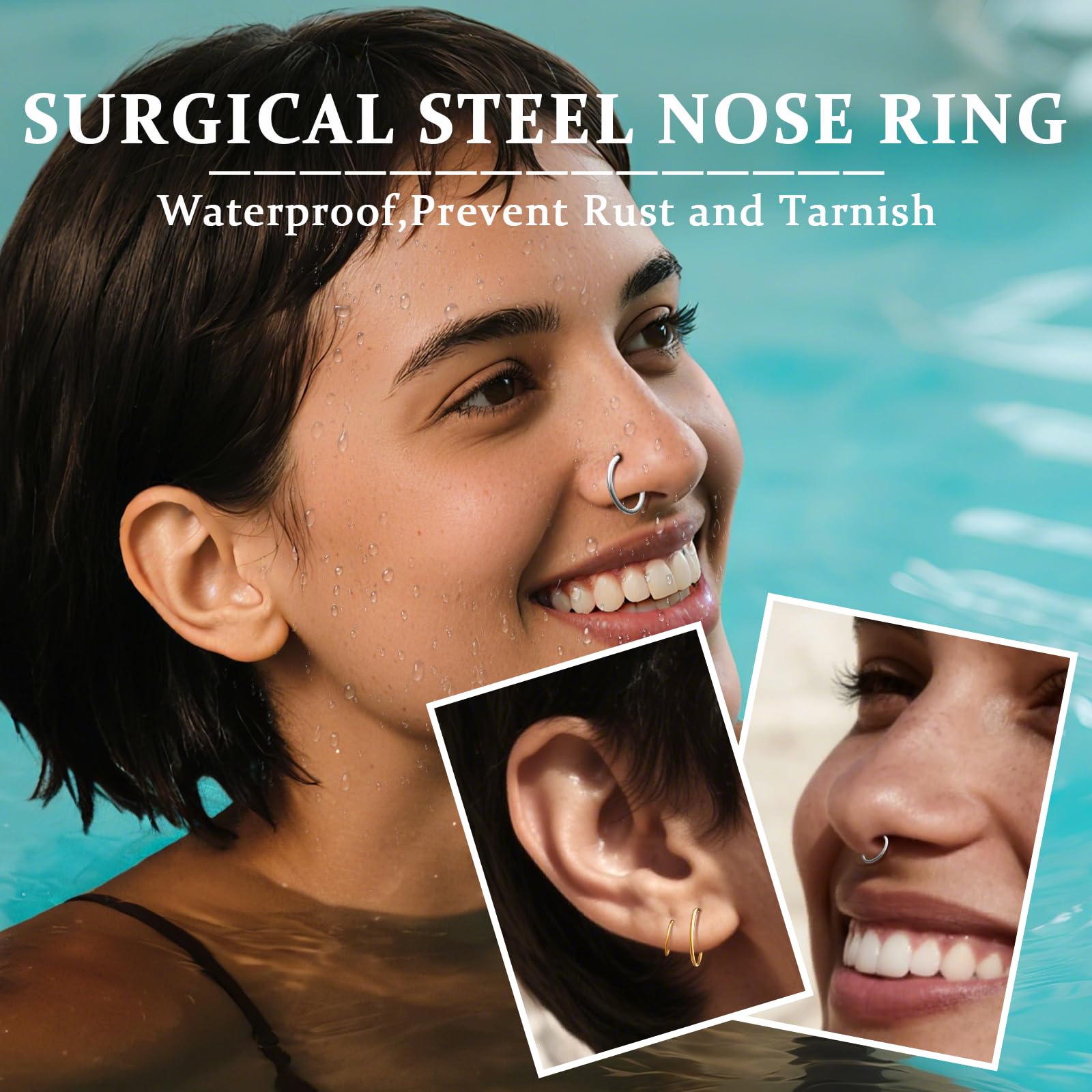 Hypoallergenic Nose Rings Hoops Set for Women Men: 8Pcs 18G Gold/Silver 316L Surgical Stainless Steel Nose Hoops Hinged Clicker