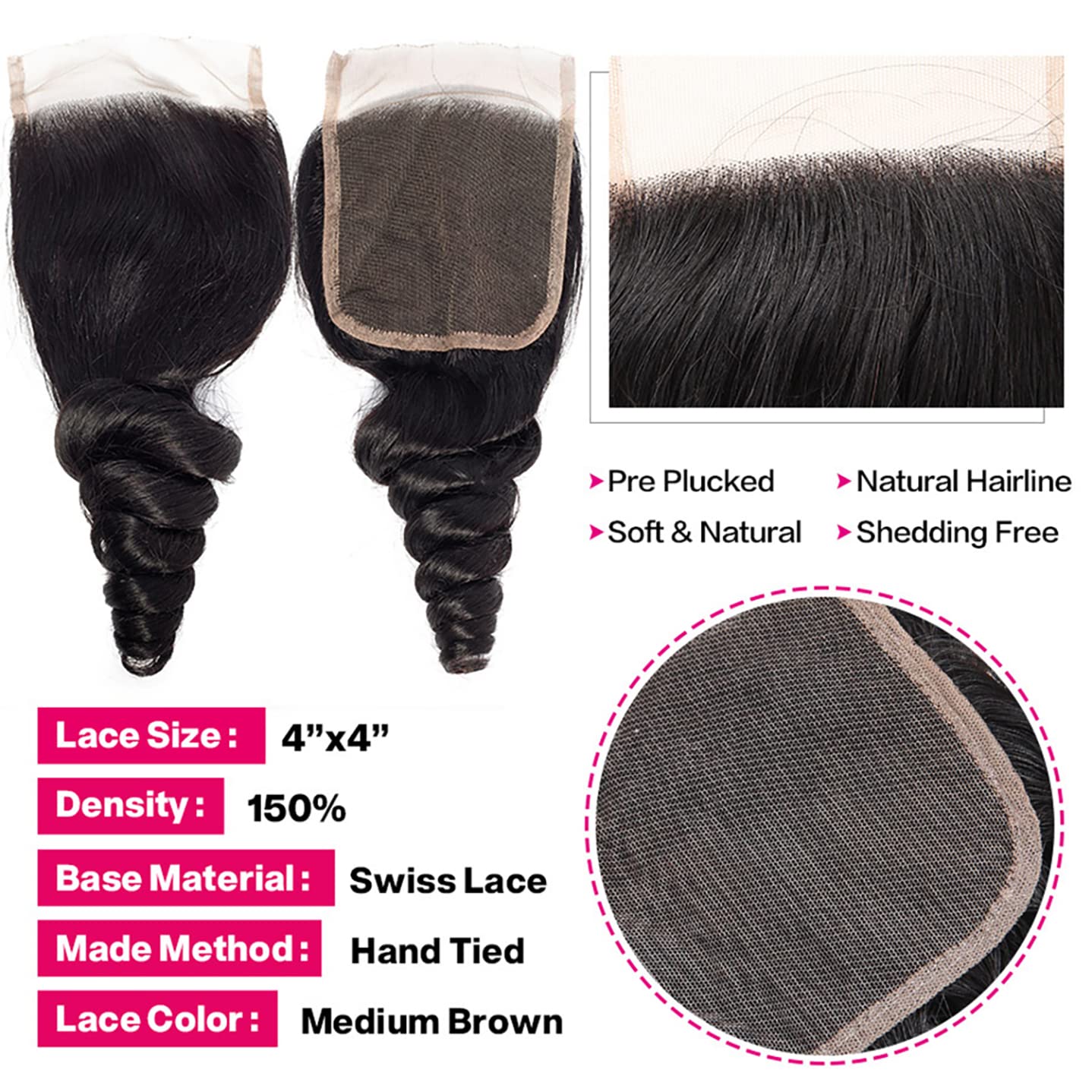 Loose Wave Bundles With 4X4 Lace Closure Free Part (10 12 14+10) Inch Loose Wave Human Hair Bundles Loose Deep Wave Hair 3 Bundl