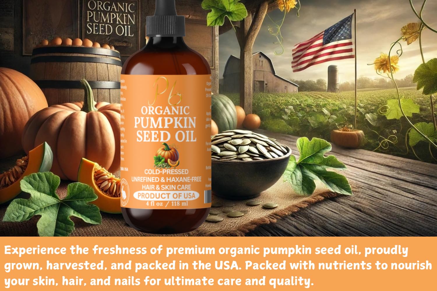 Organic Pumpkin Seed Oil - 100% Pure Cold-Pressed Unrefined Pumpkin Seed Oil for Hair & Skin - Moisturizing Hair & Face Oil, Org