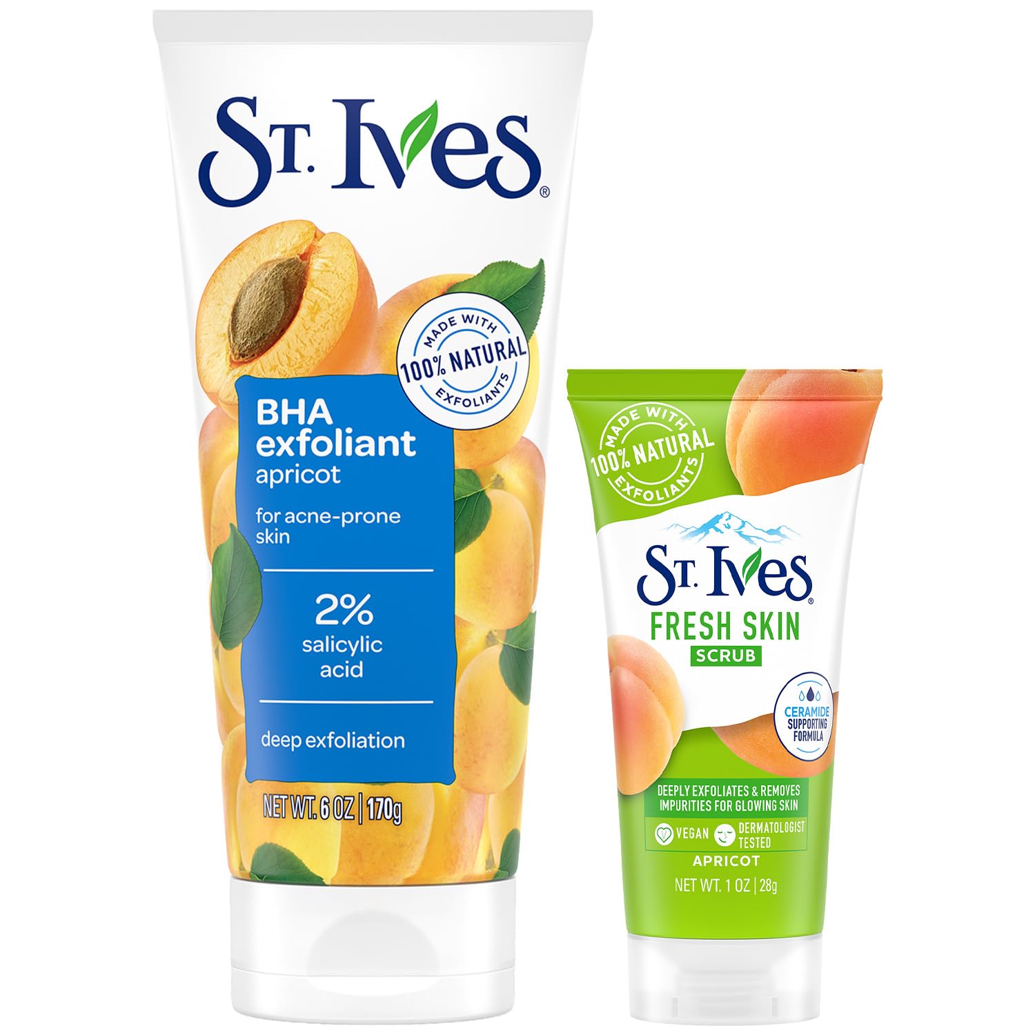 St. Ives BHA Exfoliant Acne Control Apricot Scrub with 2% Salicylic Acid + TravelSize Fresh Skin Exfoliating Apricot Facial Scr