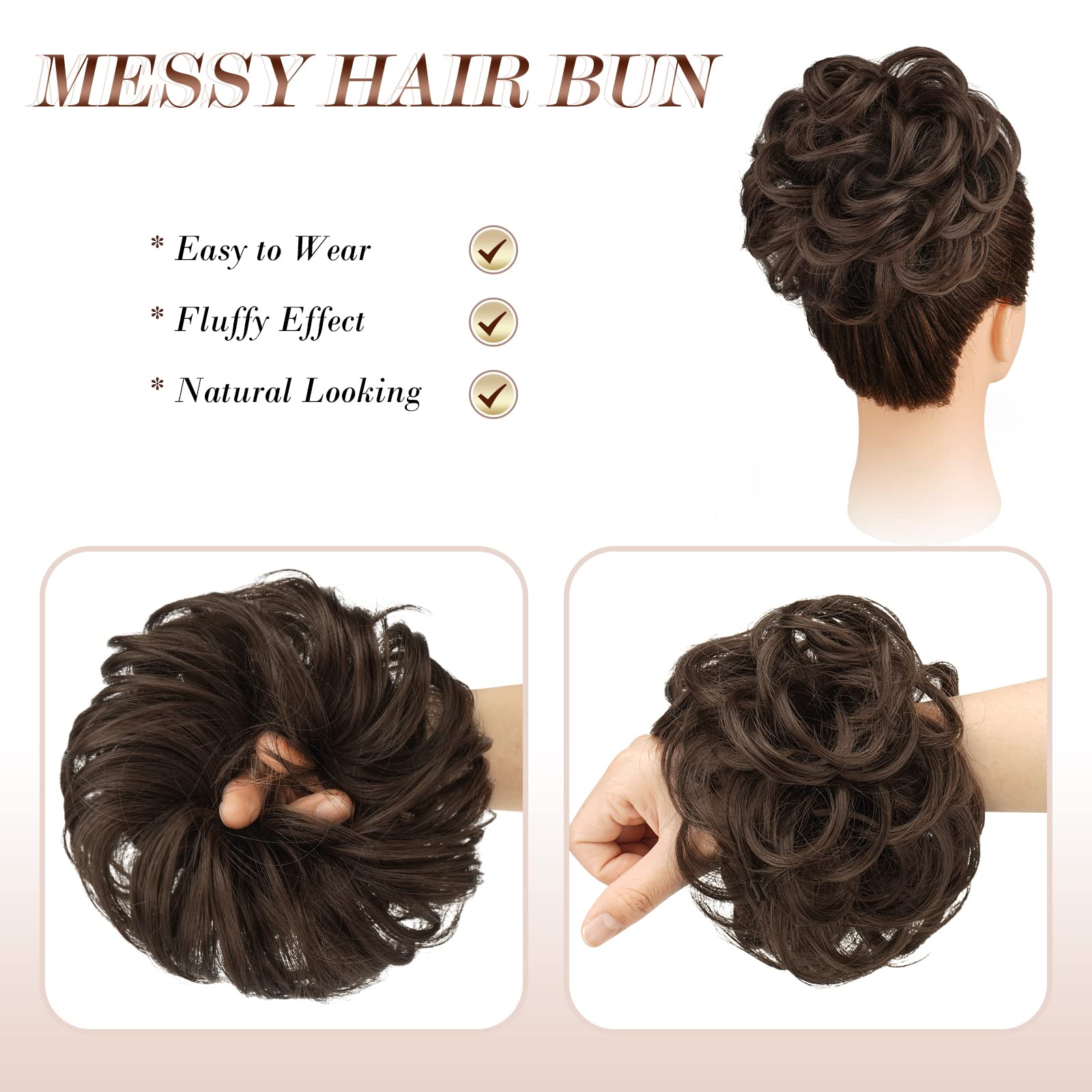 Feshfen Messy Bun Hair Piece Hair Bun Scrunchies Synthetic Medium Chestnut Brown Wavy Curly Chignon Ponytail Hair Extensions Thi