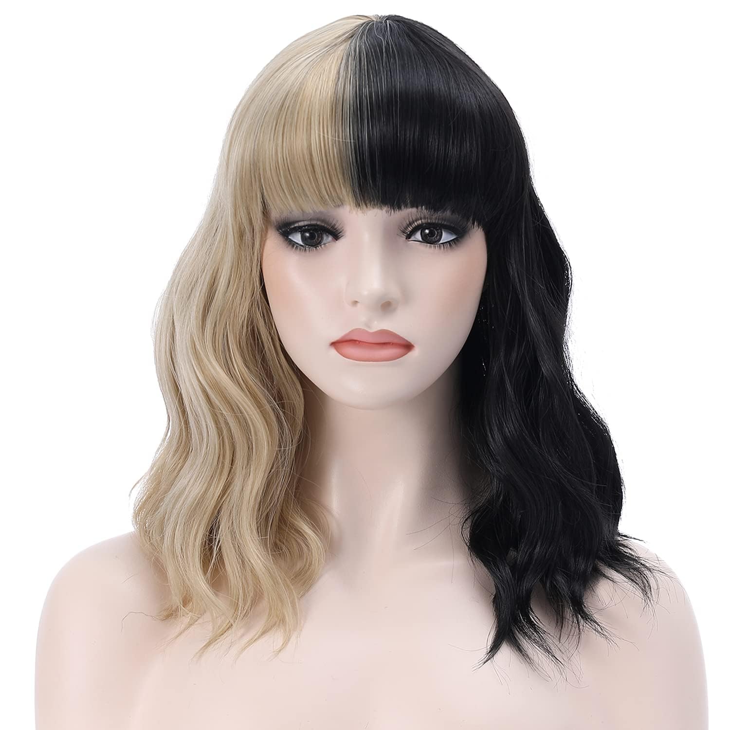 PATTNIUM Black and Blonde Wig Two Tone Wig Short Curly Black Blonde Wig With Bangs Split Wig for Women Heat Resistant Synthetic 