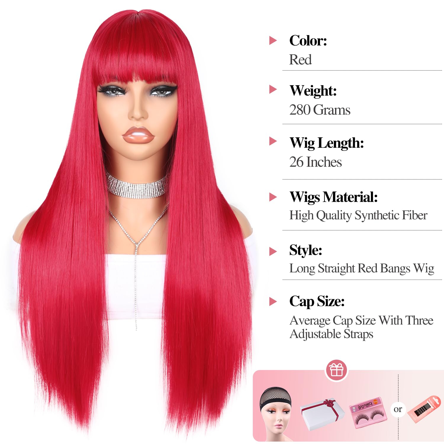 Wiger Long Red Wigs With Bangs Straight Red Hair Wig For Women Long Hot Pink Bangs Wig Full Cosplay Wig For Women Synthetic Natu