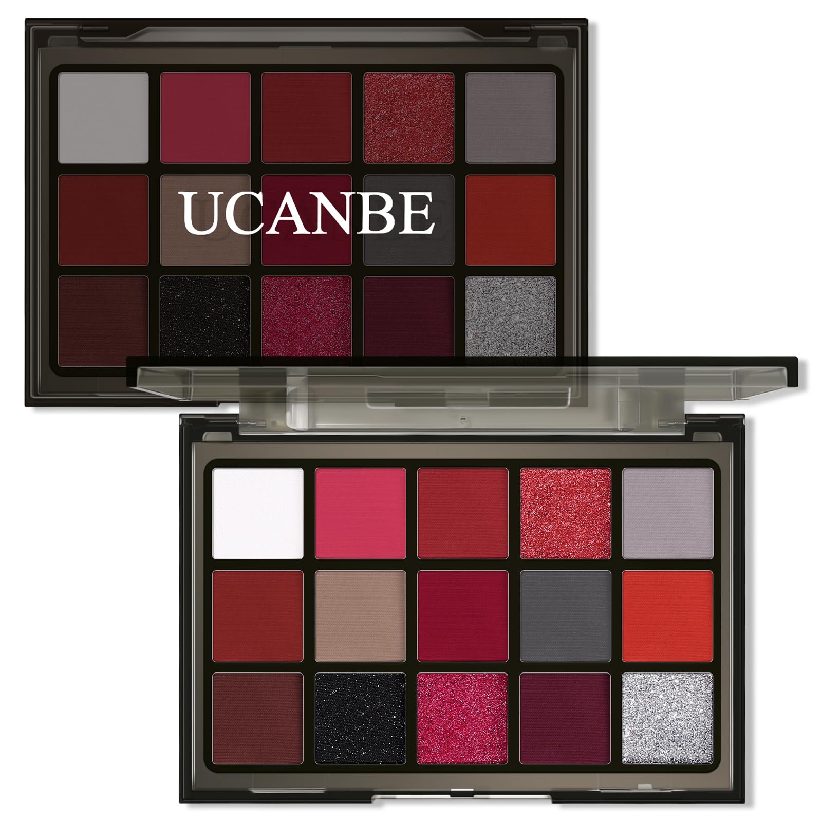 UCANBE Red Eyeshadow Makeup Palette, 15 Colors Burgunry Gray Silver Shimmer Matte Glitter Metallic Eye Shadow Pallet, Pigmented 