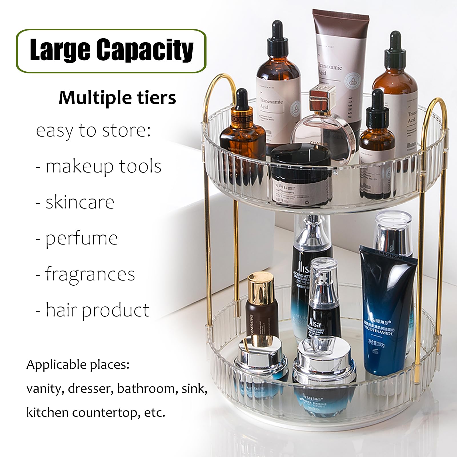 Zufudo Rotating Makeup Organizer 2 Tier Lazy Susan Trays Skincare Perfume Organizer For Bathroom Counter Vanity, Transparent