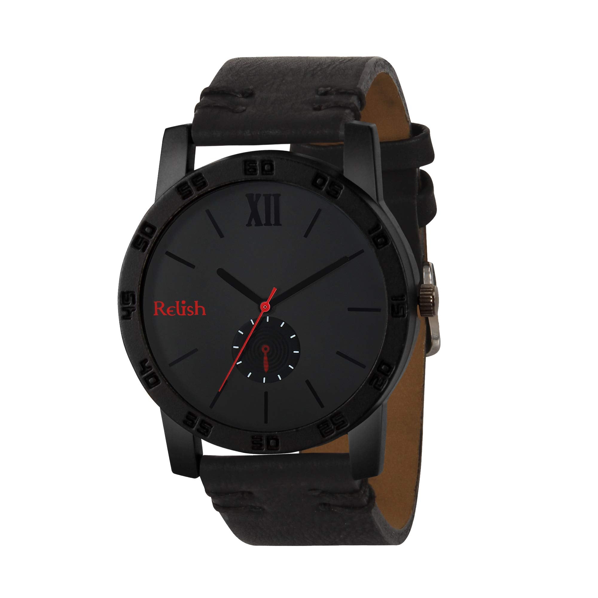 Relish MenS Black Stainless Steel Case Leather Strap Analog Display Quartz Watch | ReBb1086
