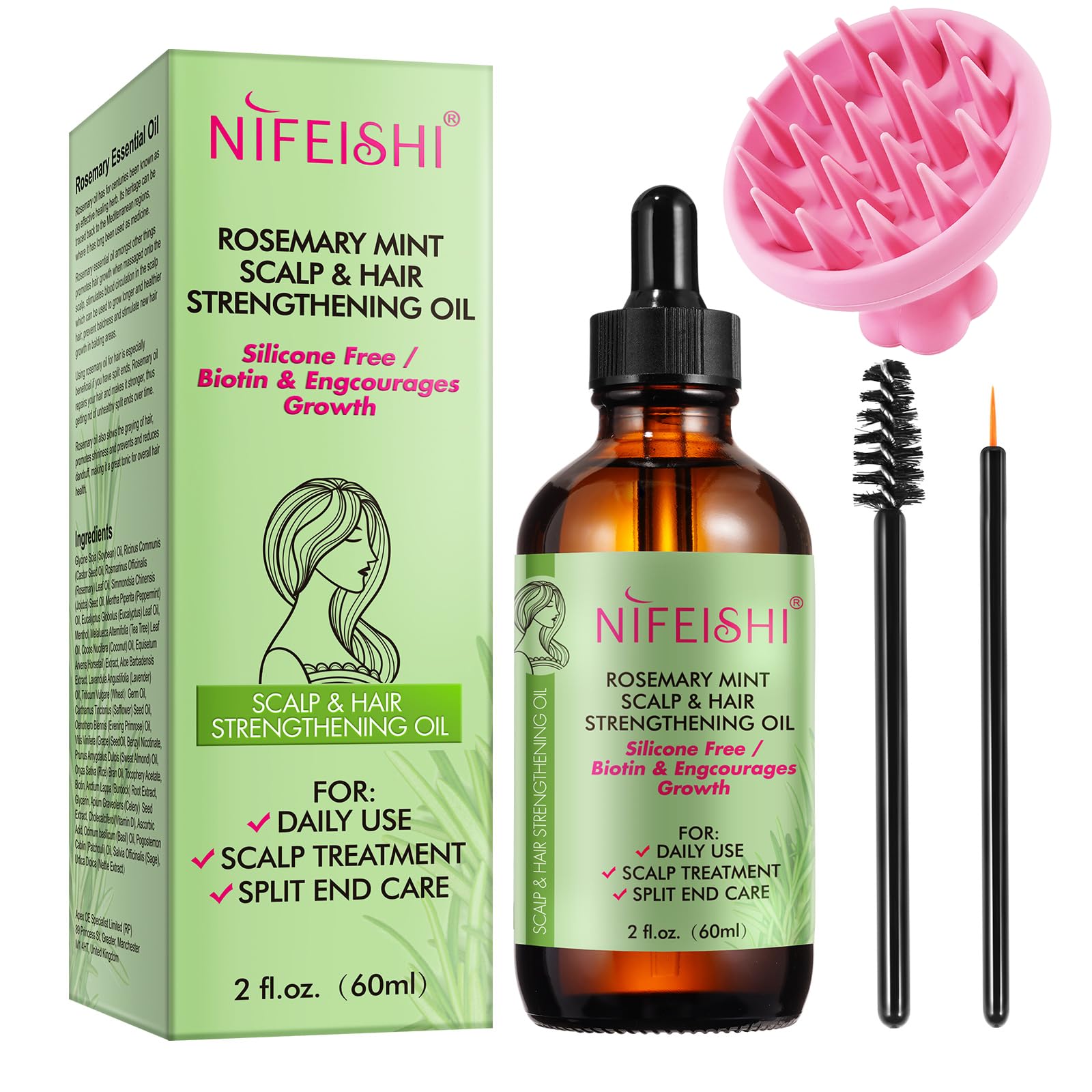 NIFEISHI Rosemary Oil for Hair Growth & Strengthening, Organic 60ml, Rosemary Mint Essential Oil for Scalp, Hair , Eyelashs, Eye
