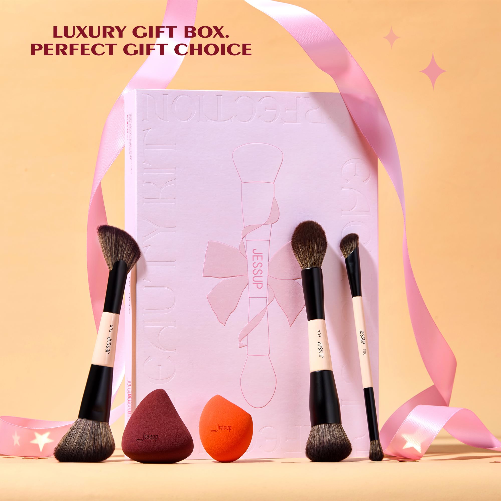 Jessup Makeup Brushes Set With Makeup Sponge, 7Pcs Double Sided Makeup Brushes For Foundation Concealer Blush Eyeshadow Contour