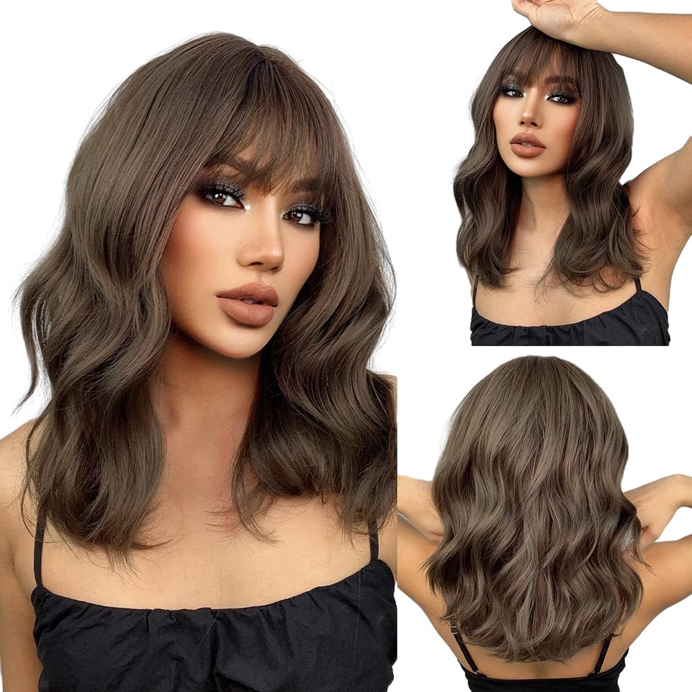 EMMOR Short Curly Wigs with Bangs,Wavy Bob Wigs for Women Heat Resistant Synthetic Wigs Shoulder Length Wigs Natural Looking (Br