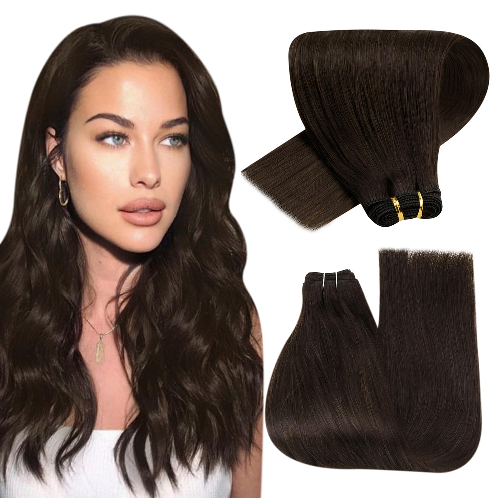 Hetto Brown Sew in Hair Extensions Human Hair Weft 14 Inch 80g #2 Darkest Brown Hand Tied Sew in Human Hair Weft Extensions Braz
