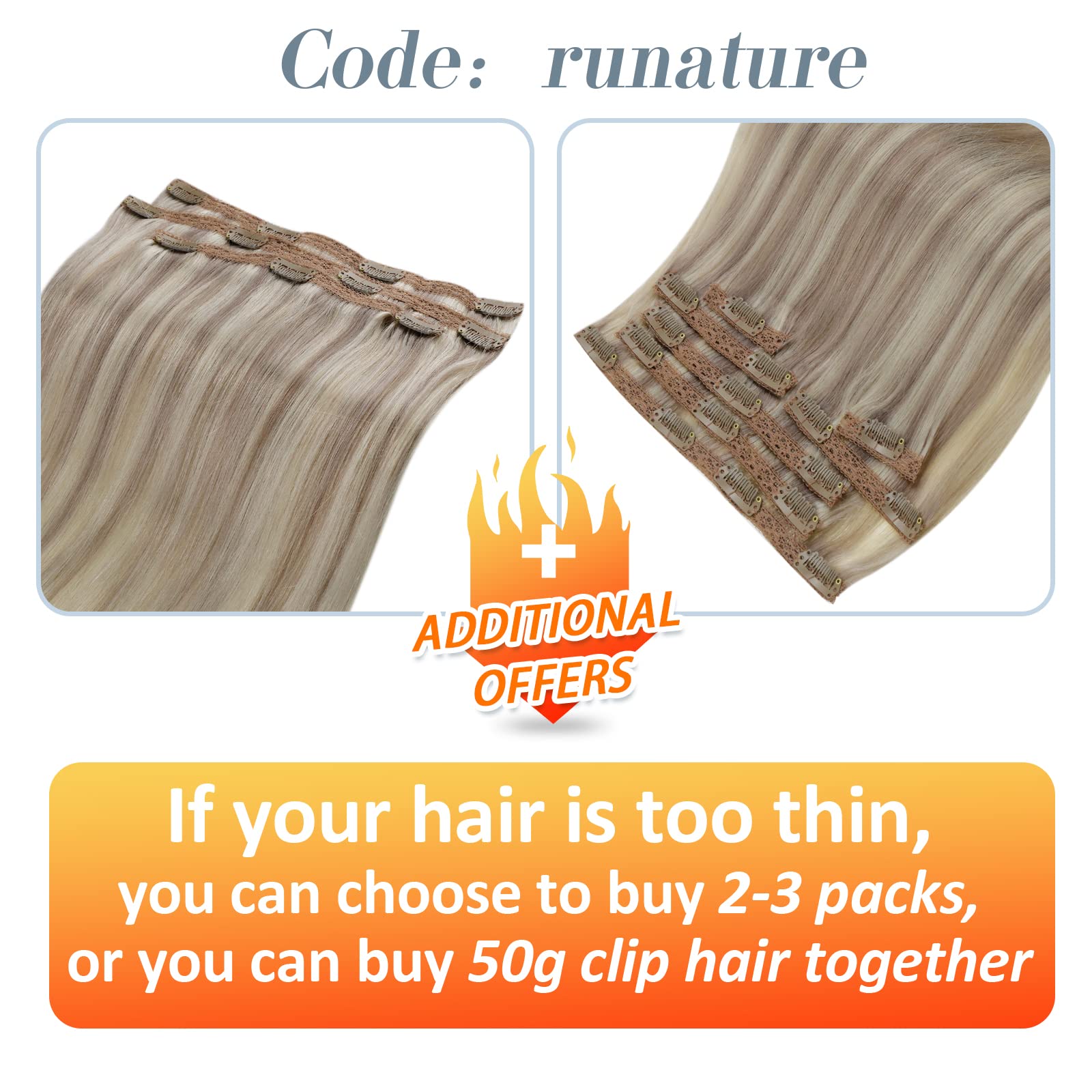 Runature Human Hair Clip In Extensions Grey Blonde Highlight Platinum Blonde Hair Extensions Clip Ins 20 Inch 120G Real Hair Cli