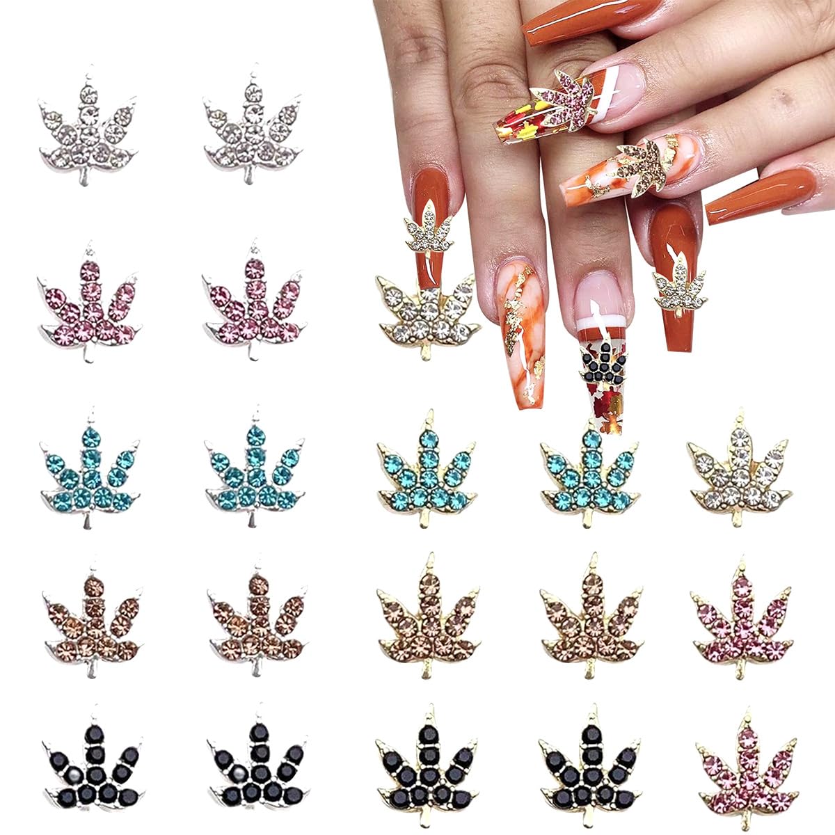 20 Pcs Fall Nail Charms Colorful Maple Leaf Nail Charms 3D Alloy Color Crystal Maple Leaves Nail Rhinestones Mix Luxury Jewelry
