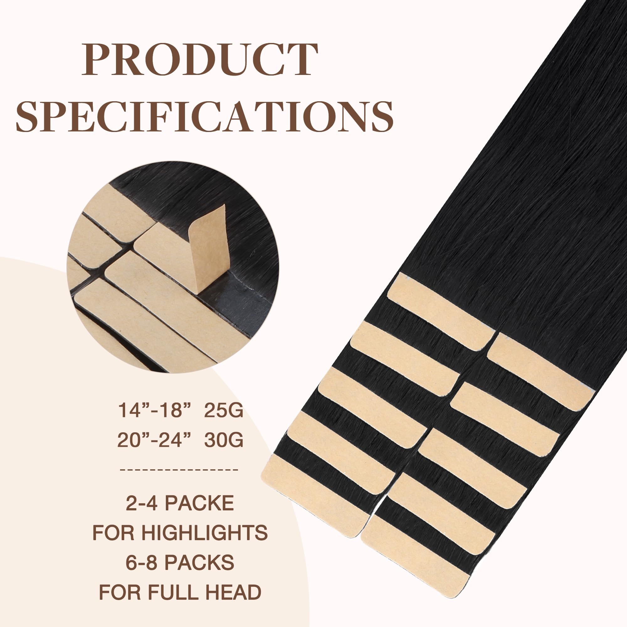 Goo Goo Tape In Hair Extensions Human Hair, 1 Jet Black, 18Inch 25G 10Pcs, Thick Ends Straight Seamless Tape In, Invisible Tape