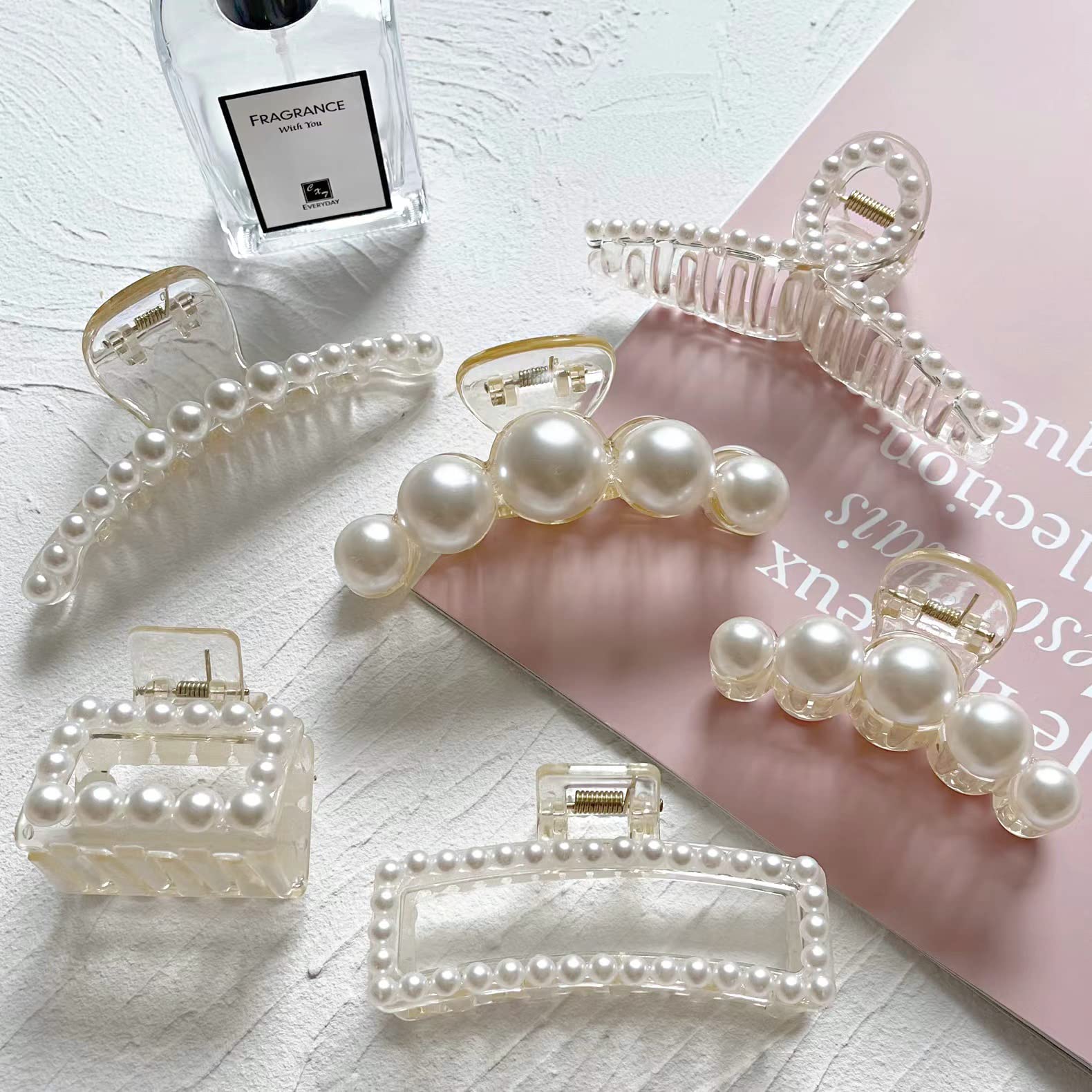 Sisiaipu 6 Pcs Large Pearl Claw Clips Pearl Clips Hair Claw Clips for Thick Hair White Hair Clips for Wedding Nonslip Jaw Clips