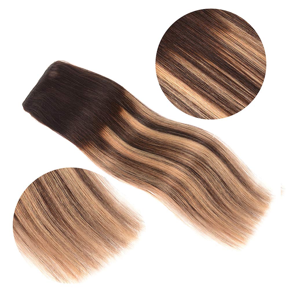 5 Pieces 18'' Remy Clip In Hair Extensions Human Hair Dark Brown To Dirty Blonde Highlight Brown Ombre - Silky Straight Short Th