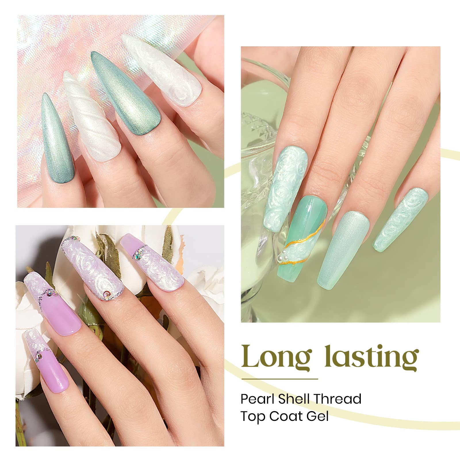 MIZHSE Pearl Top Coat Gel Nail Polish, Mermaid Glitter Nail Gel Polish Shiny Shell Thread Drawing Soak Off UV LED Nail Gel for N