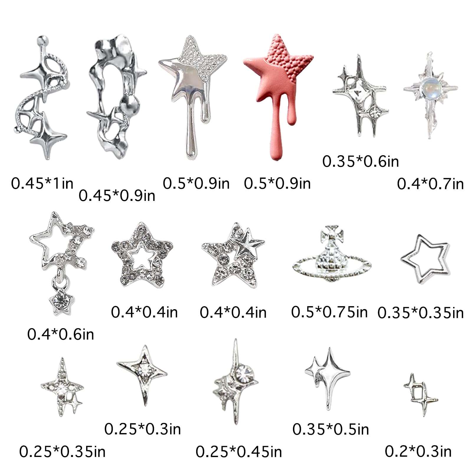 Xiyonali 124Pcs Star 3D Nail Charms For Acrylic Nails, Silver Nail Gems Alloy Starburst Nail Accessories, Nail Rhinestones For N
