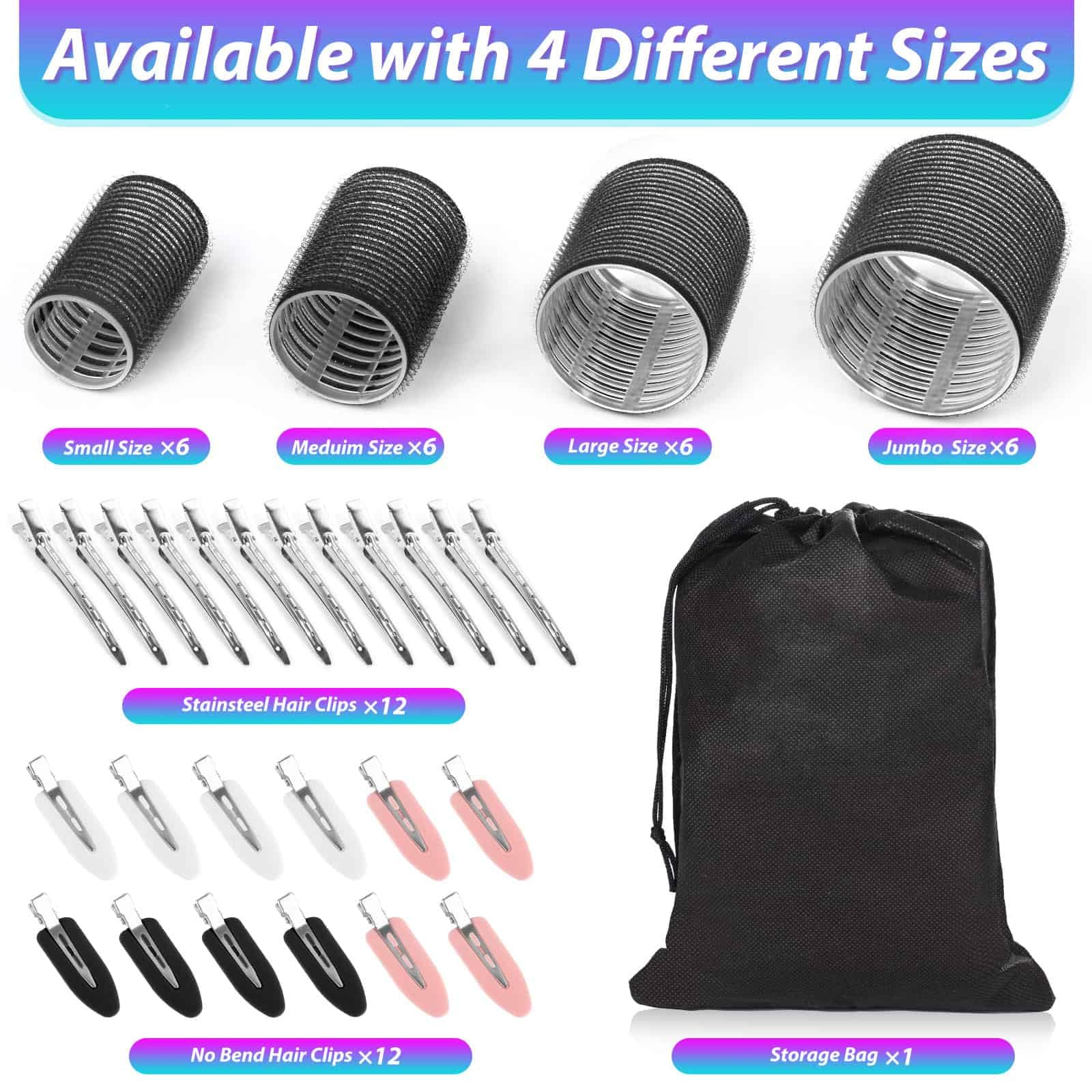 Hair Curlers Set With 24 Rollers (6 Jumbo, 6 Large, 6 Medium, 6 Small) And 24 Clips For All Hair Lengths (Black)