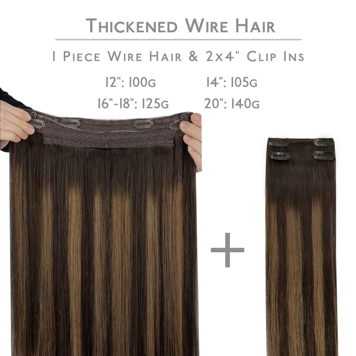 Wennalife Wire Hair Extensions (Increase 50% Lifespan) Real Human Hair 14 Inch 105G Balayage Dark Brown To Chestnut Brown Remy R