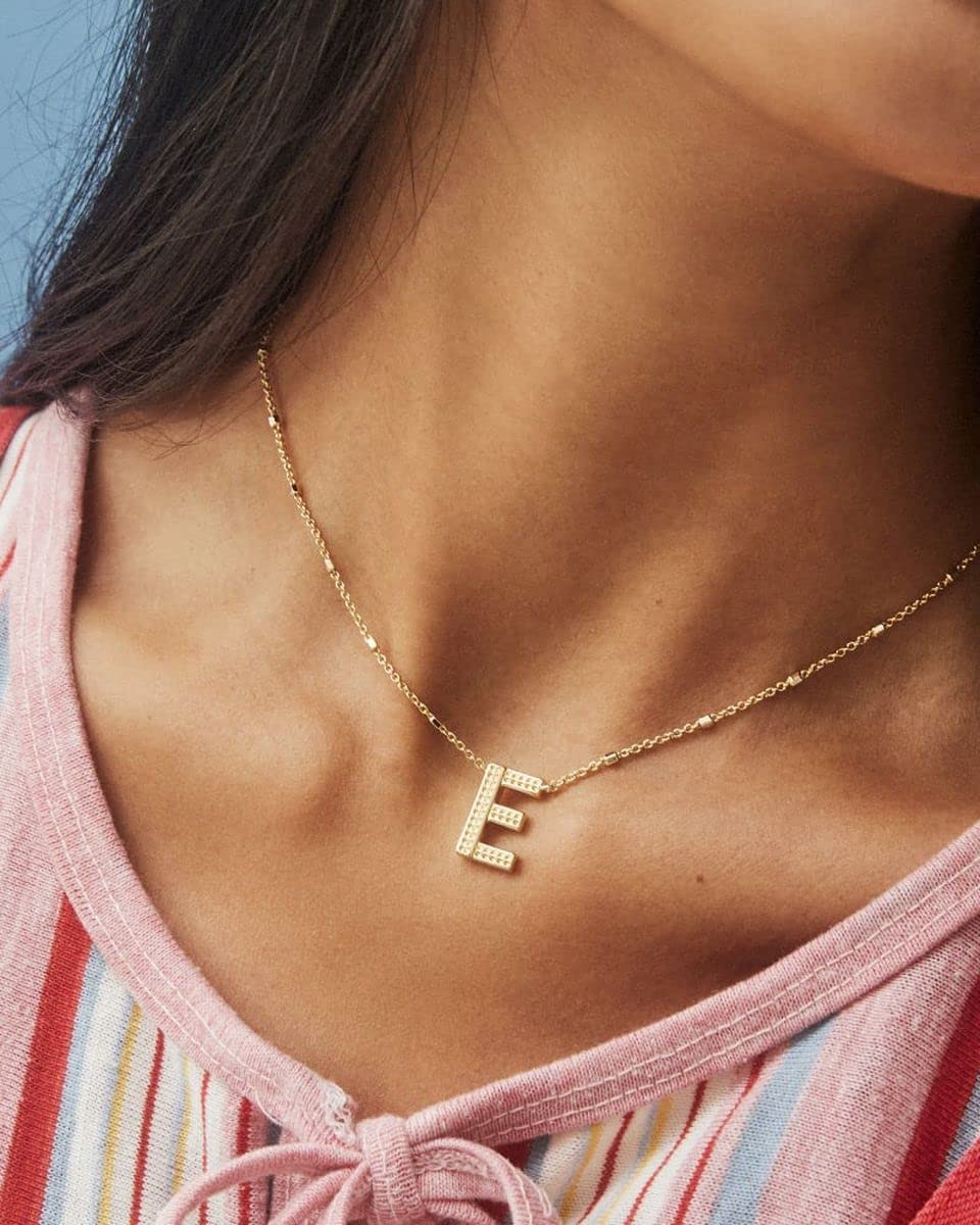 Kendra Scott Letter E Pendant Necklace for Women, Fashion Jewelry, 14k Gold-Plated Brass, Gold Metal, Letter E