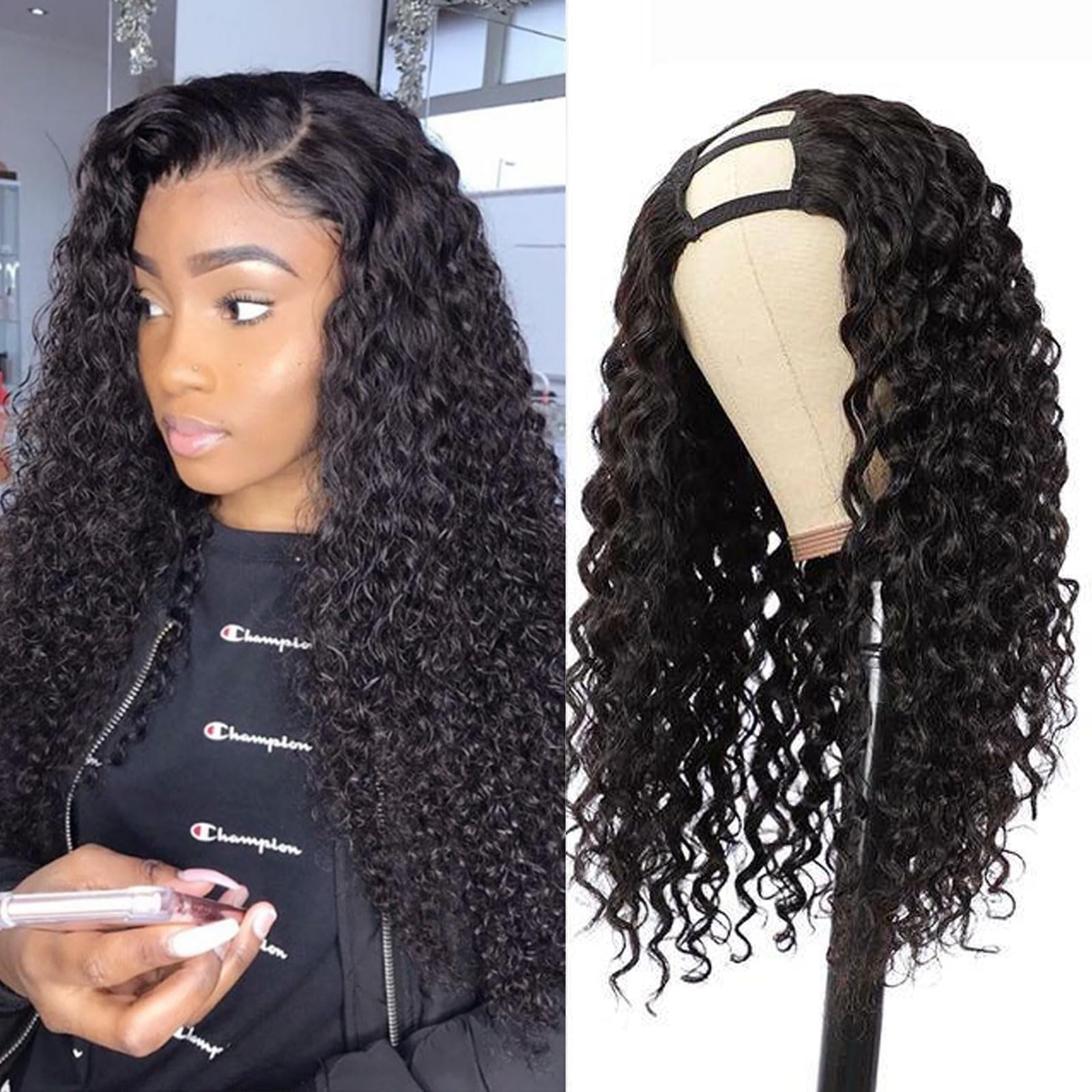 huarisi 16 Inch Kinky Curly U Part Human Hair Wig, No Lace Glueless 100% Unprocessed Brazilian Hair 150% Density Natural Color W