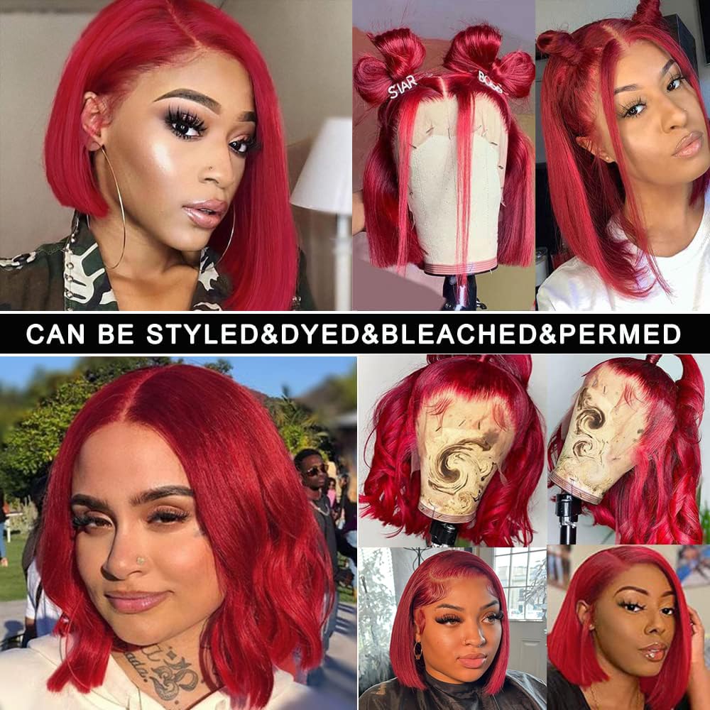 Hd Transparent Glueless Pre Plucked 13X4 Straight Dark Red Burgundy Bob Wig Human Hair Lace Front Wigs With Baby Hair 100% Unpro