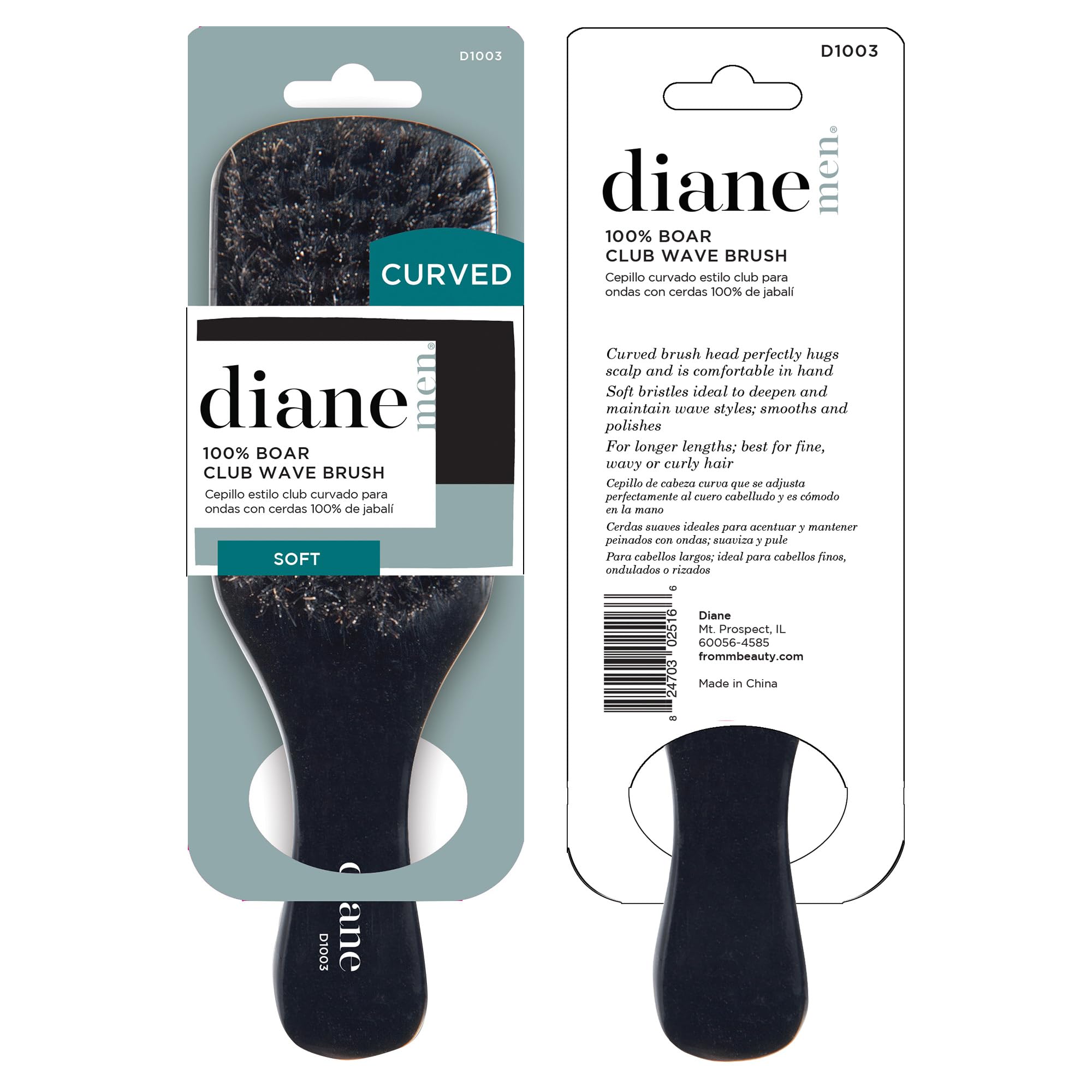 Diane 100% Boar Bristle Curved Club Wave Brush For Men And Women - Soft Bristles For Fine To Medium Hair - Use For Detangling, S