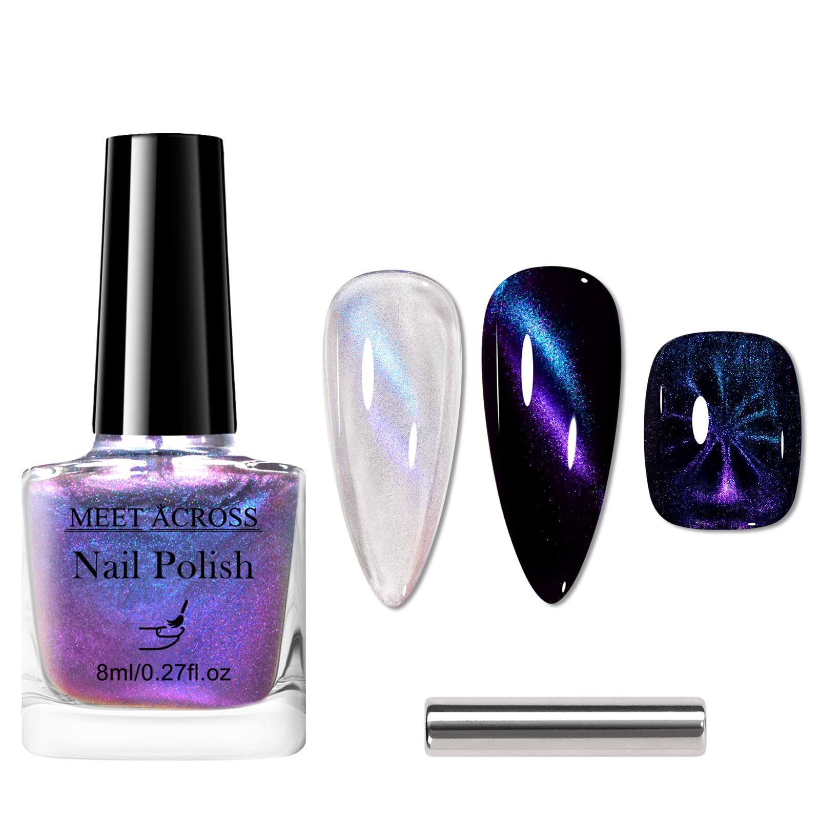 MEET ACROSS Magnetic Cat Eye Nail Polish Blue to Purple Chameleon Nail Polish with 1 Magnet, Quick Dry