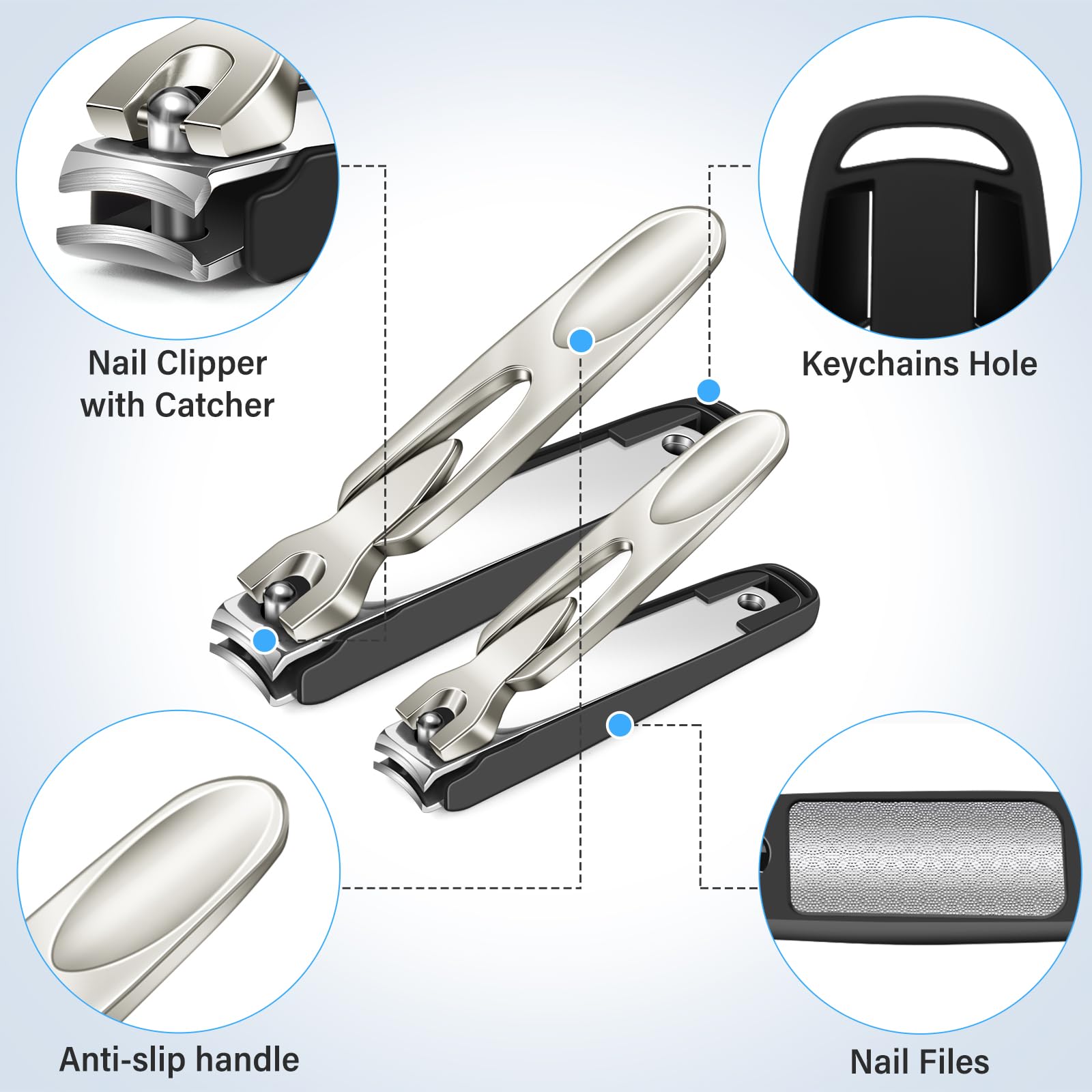 Nail Clippers For Men Women With Catcher, 2 Pack Sliver Large Small Anti Splash Self-Collecting Fingernail & Toenail Clippers, S