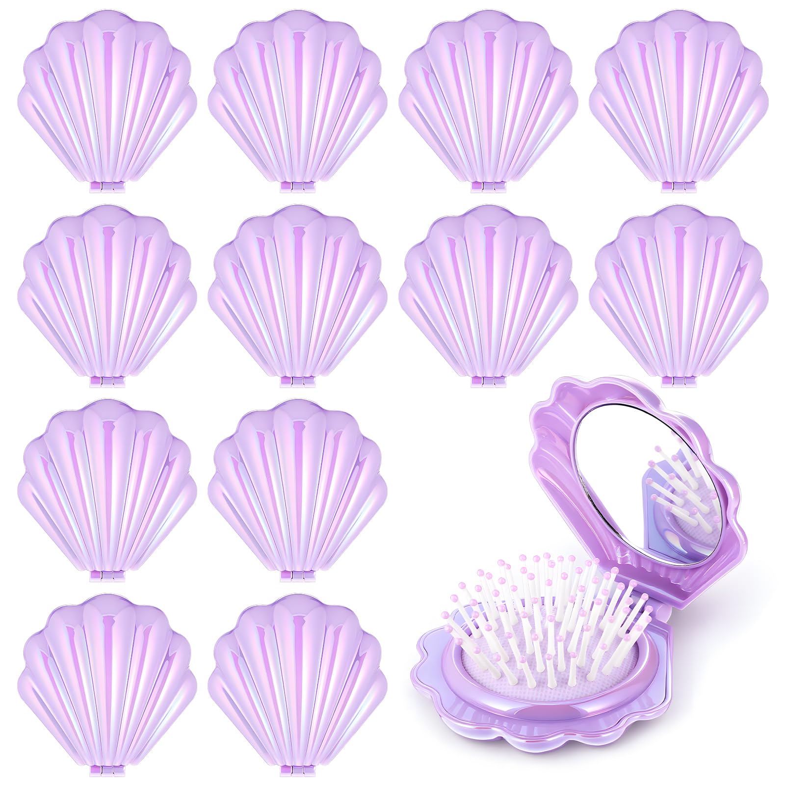 12 Pcs Foldable Shell Hair Brush, Mini Travel Pocket Compact Hair Brush with Mirror Makeup Comb for Women Hairstyles Birthday Gi