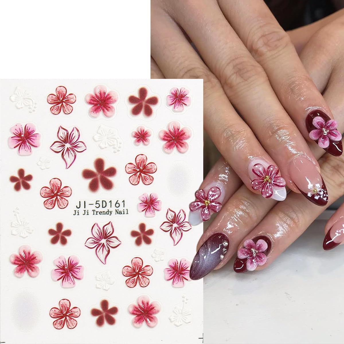 Fcozpjk Blue Flowers Stickers for Nails 5D Embossed Flower Nail Stickers Lily Hibiscus Cherry Blossom Rose Floral Nail Decals Se