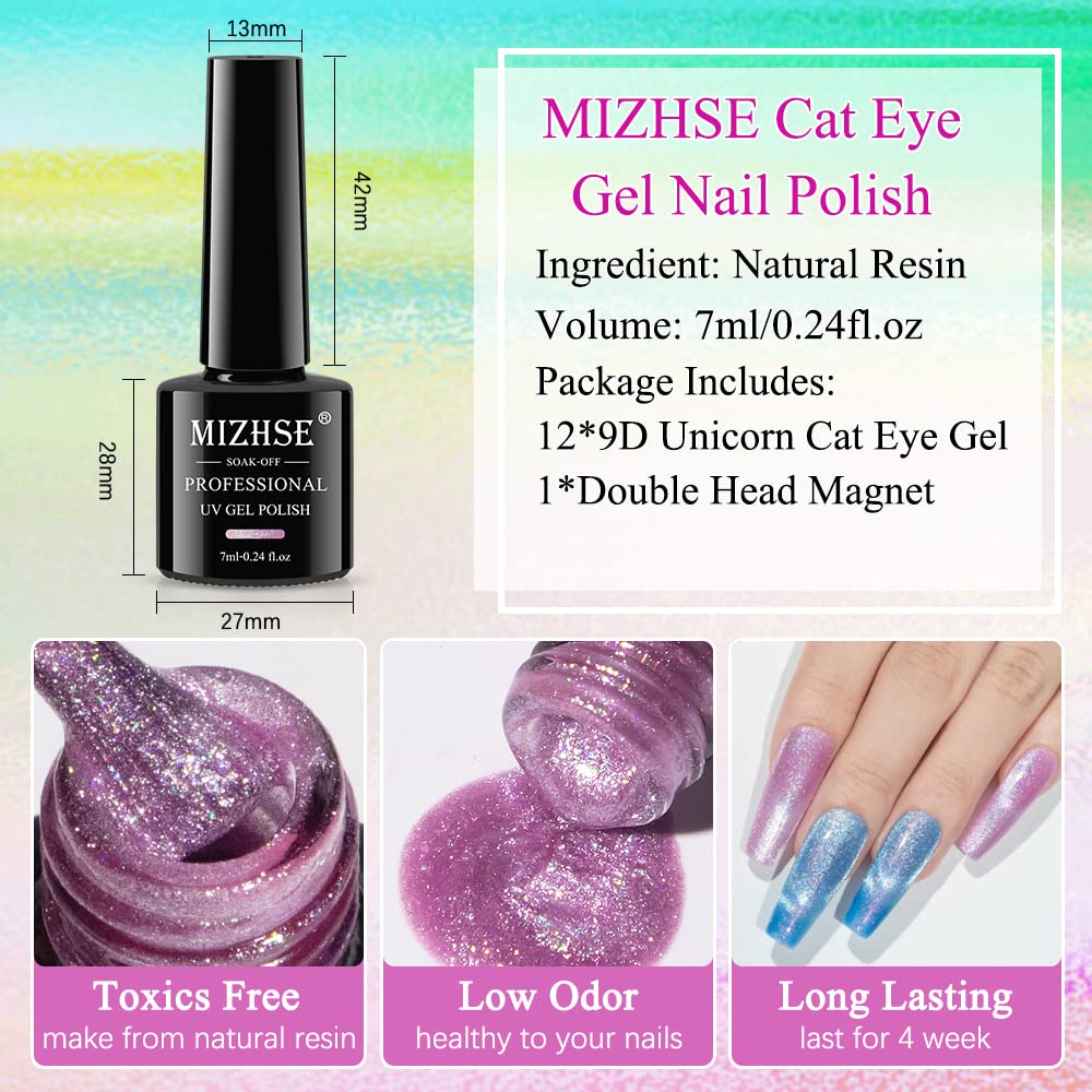 Mizhse Unicorn Cat Eye Gel Nail Polish 7Ml, Pearl Mermaid Cateye Magnetic Gel Polish Kit Pink Blue Soak Off Uv Led Diy Manicure