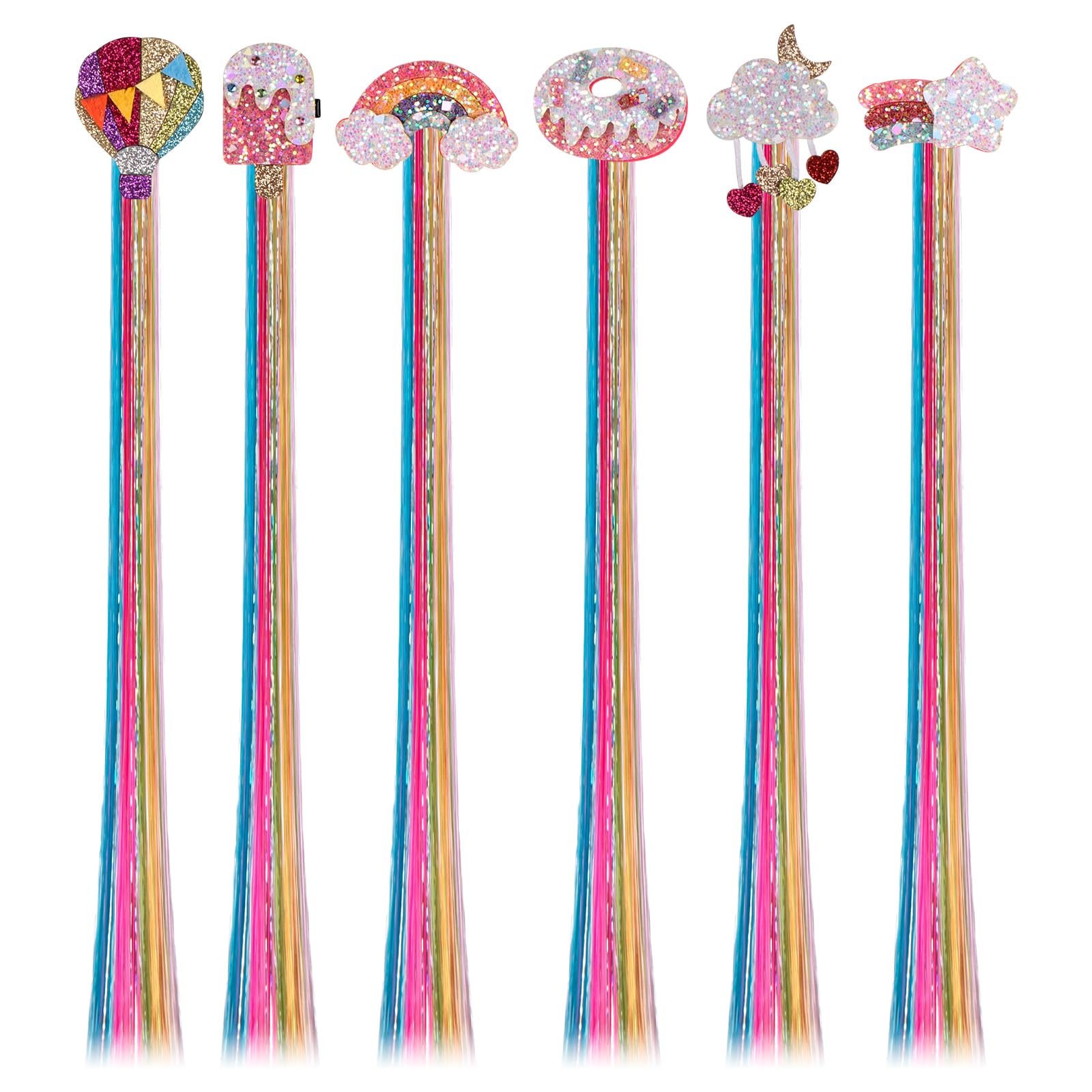 6 Pcs Hair Clips for Girls, 15in Rainbow Hair Extensions for Kids, Colored Girl Hair Accessories, Little Girl Hairpieces for Par