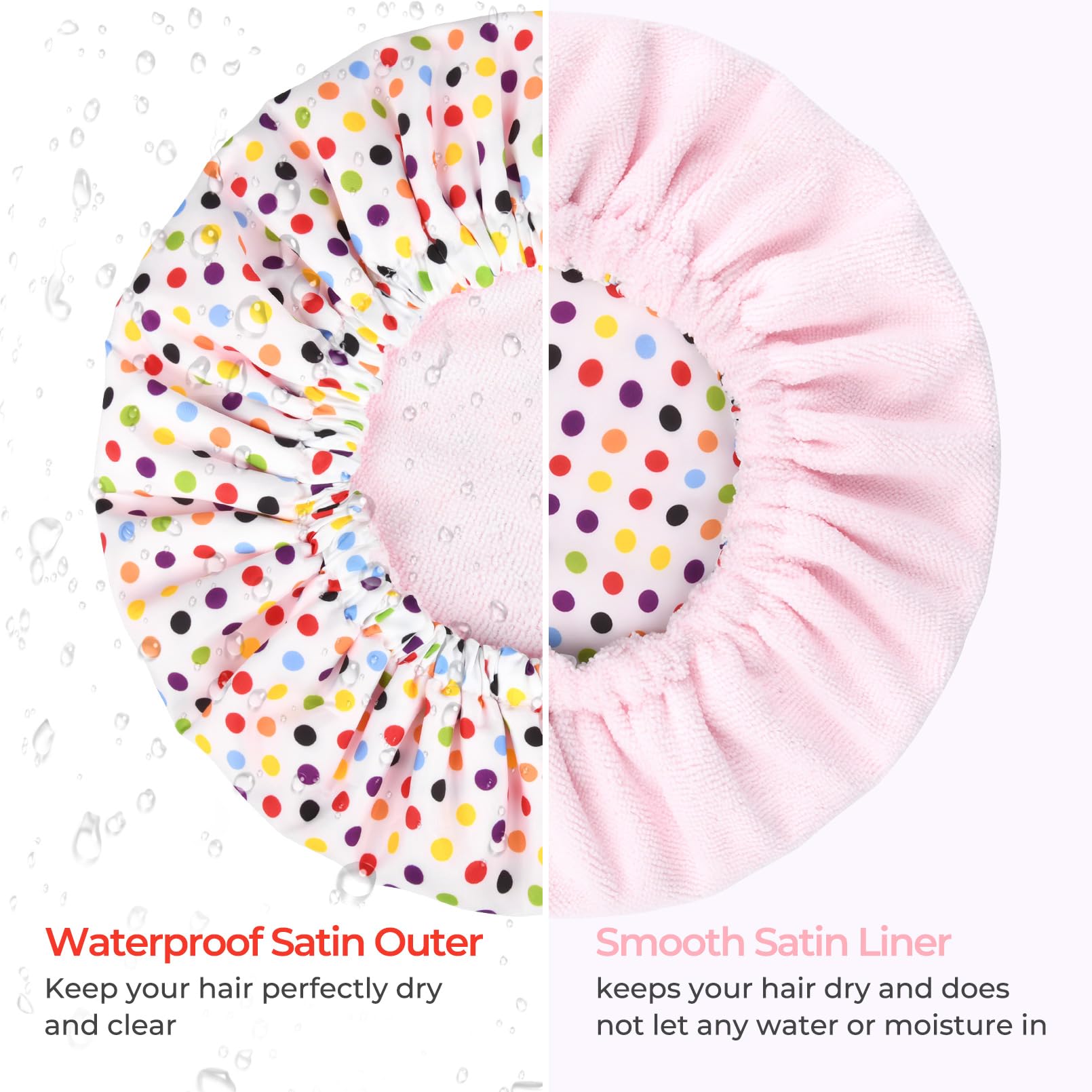 Shower Cap For Women Terry Lined Bath Cap Large Reusable Waterproof Elastic Band Pink Point Shower Caps For Long Thick Hair Soft