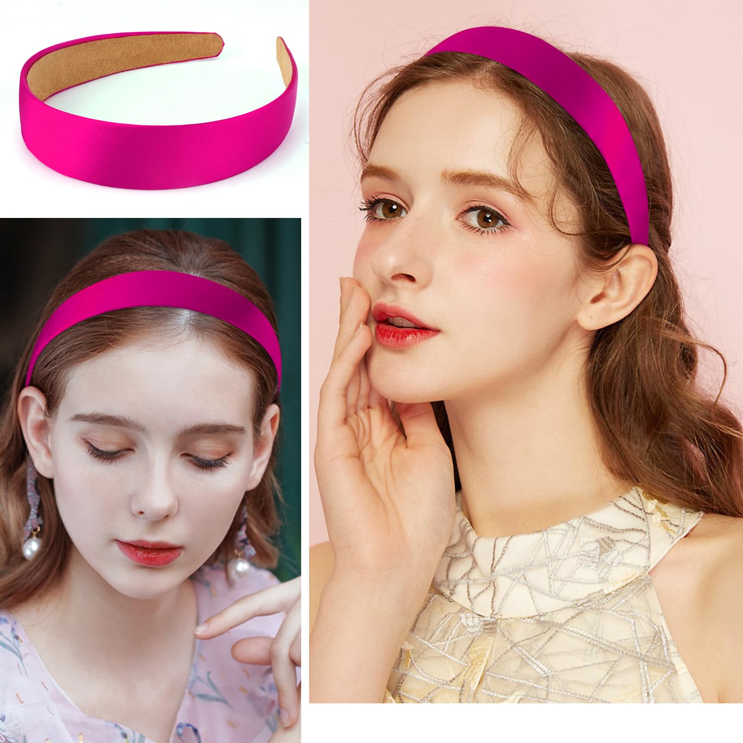 Atoden Hot Pink Headband Satin Headbands For Women Girls 1.18 Inch Wide Thin Hard Headbands Non Slip Ribbon Hair Bands Plain Hea