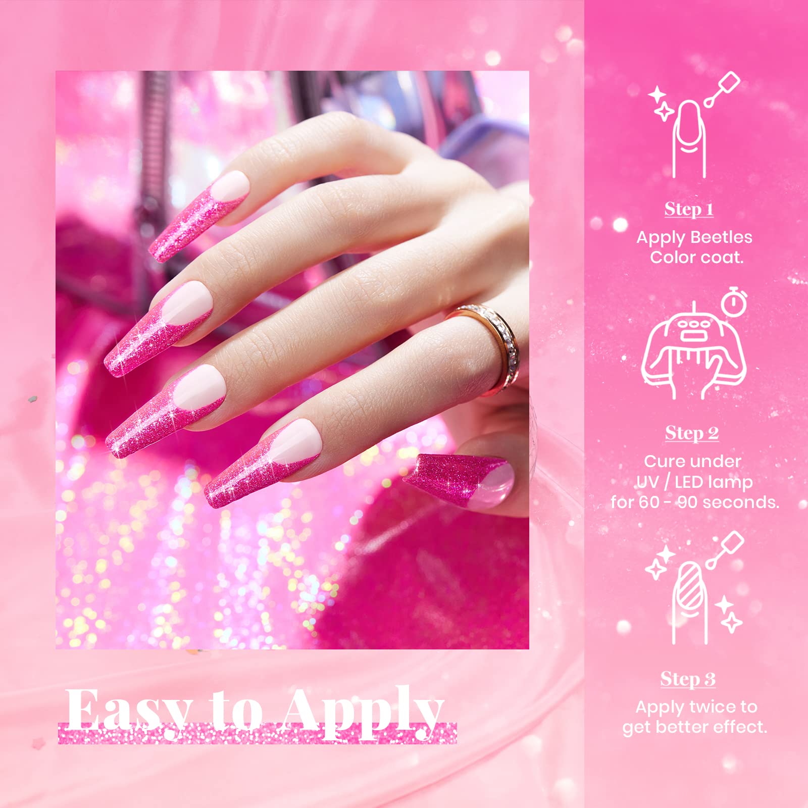 Beetles Reflective Gel Nail Polish Pink Gel Polish, 15Ml Hot Pink Glitter Diamond Gel Color Soak Off Sparkle Gel Polish Uv Nail