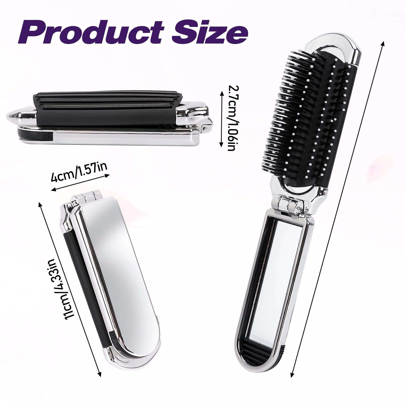 1 Pack Folding Compact Hair Brush With Mirror - Travel Pocket-Size Massage Comb For Hair Styling, Gym, Trips, And Purse (Removab