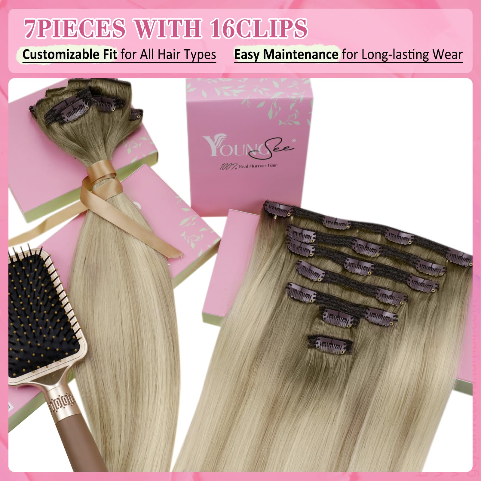 YoungSee 135g Clip in Hair Extensions Human Hair Ombre Lace Clip in Human Hair Extensions Ash Blonde Ombre Sunkissed Blonde Clip
