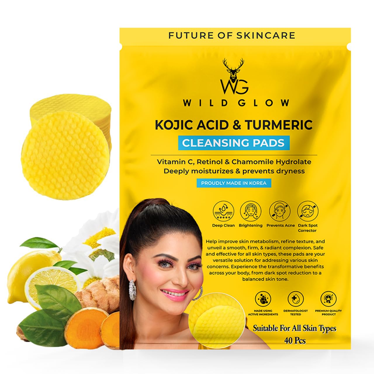 Wildglow Turmeric & Kojic Acid Face Cleansing Pads For Dark Spots, Skin Brightening, Acne & Makeup Removal | Vitamin C, Retinol 