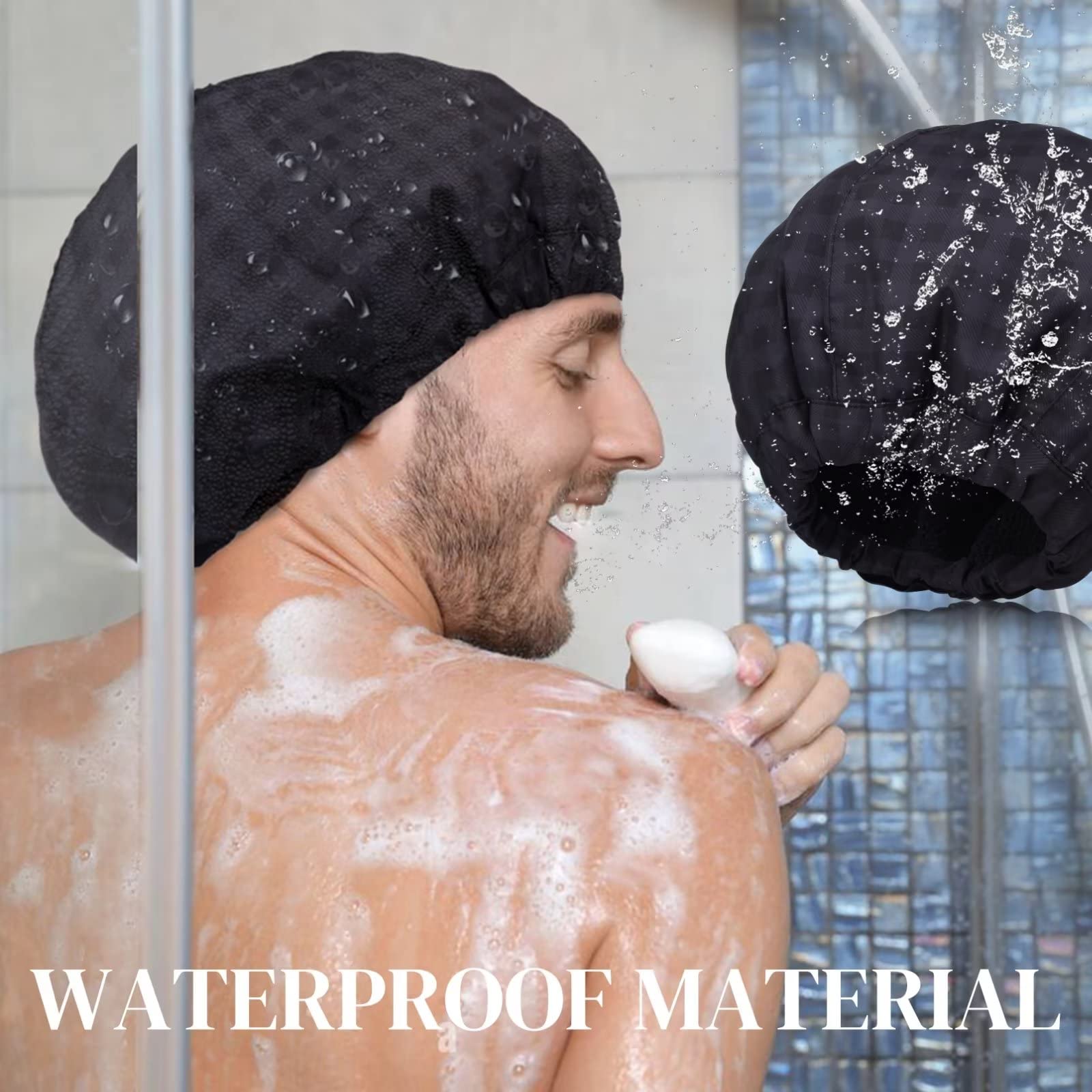 Shower Cap For Men Black Bath Cap, Reversible Large Waterproof Adjustable Shower Caps Terry Lining & Elastic Band Stretch Hem Ha